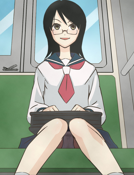 haruyama kazunori, fujiyoshi harumi, sayonara zetsubou sensei, 00s, 1girl, bag, black hair, female focus, glasses, indoors, panties, pantyshot, school, school bag, school uniform, serafuku, short hair, sitting, skirt, sky, smile, solo, train, train interior, underwear, upskirt, wet, wet clothes, wet panties, white panties