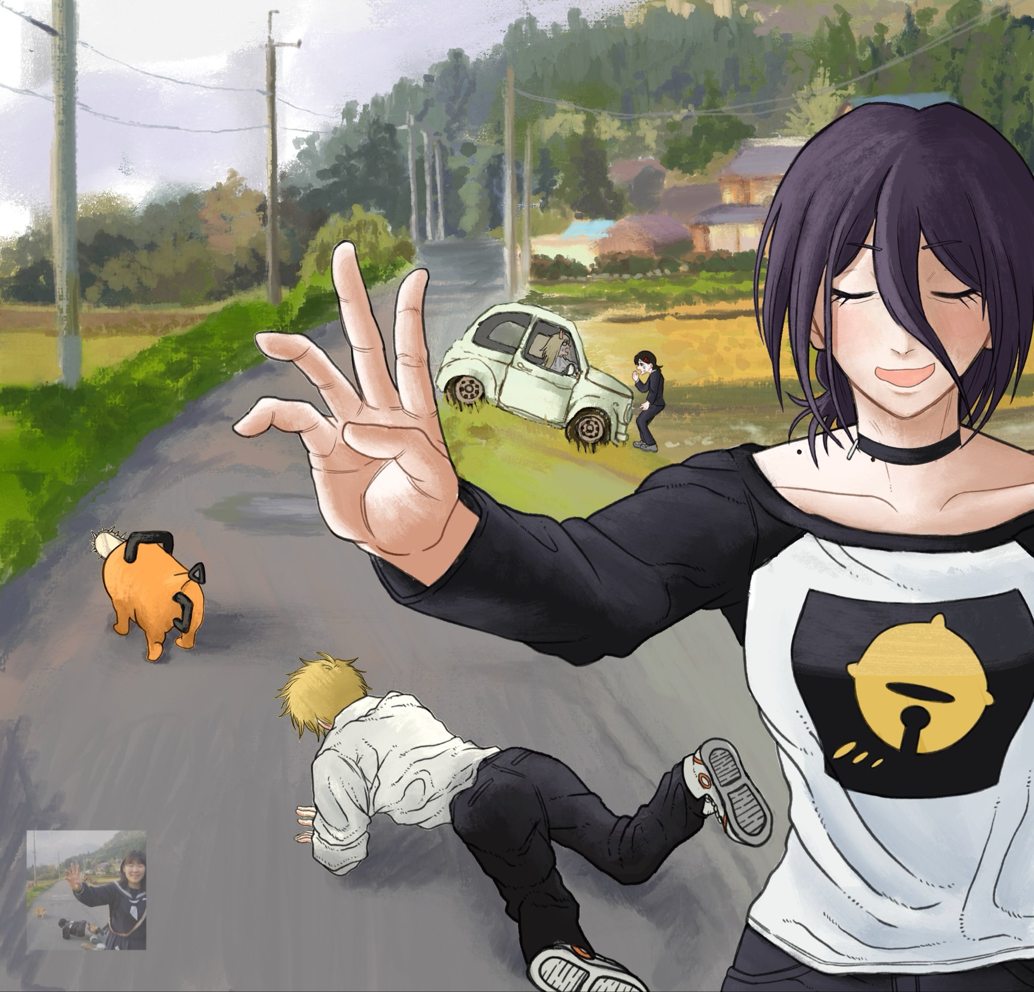 denji (chainsaw man), higashiyama kobeni, pochita (chainsaw man), reze (chainsaw man), chainsaw man, hashtag-only commentary, highres, 1boy, 3girls, black choker, black hair, black jacket, black pants, black shorts, black sleeves, blonde hair, breasts, cat, choker, closed eyes, collared shirt, crawling, creature, grenade pin, hair bun, horns, jacket, long sleeves, medium breasts, medium hair, meme, multiple girls, open mouth, otataru0806, outdoors, outstretched hand, pants, power crashes kobeni's car (meme), power lines, print shirt, purple hair, reference inset, road, shirt, shoes, short hair, shorts, smile, sneakers, sweatdrop, updo, white shirt