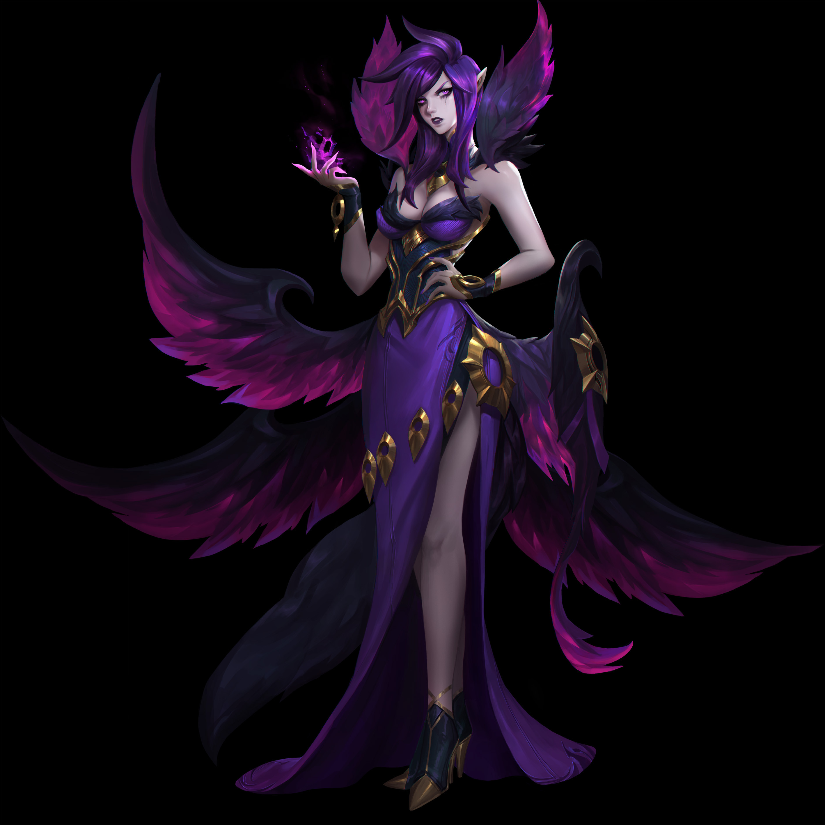 steve zheng, morgana (league of legends), league of legends, absurdres, highres, 1girl, bare shoulders, black background, breasts, dress, energy, feathered wings, full body, gold, hand on own hip, high heels, jewelry, large breasts, magic, necklace, official alternate costume, pink eyes, purple hair, shoes, spiked hair, wings