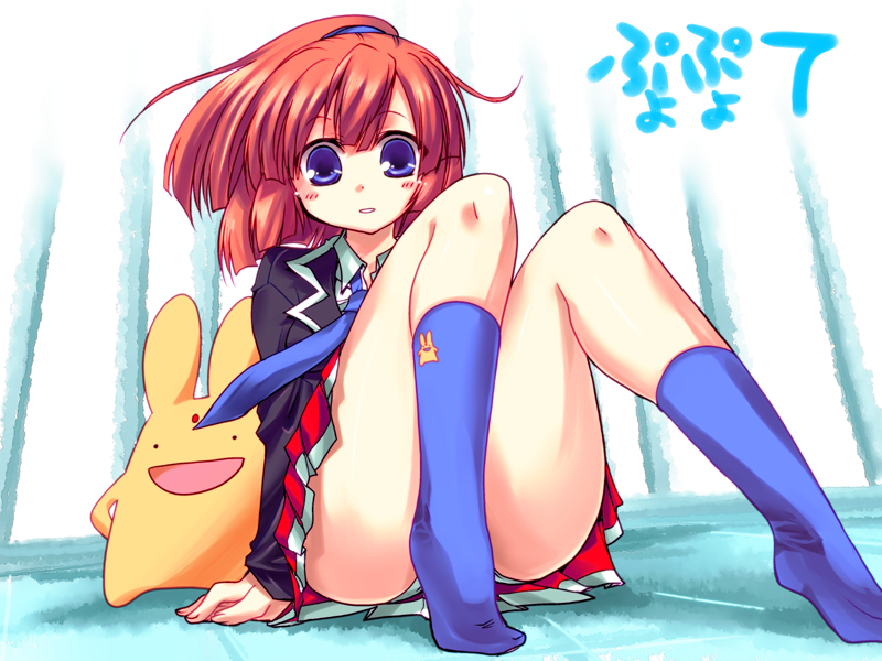 tokita monta, arle nadja, carbuncle (puyopuyo), madou monogatari, puyopuyo, puyopuyo 7, 1girl, blue eyes, blush, copyright name, feet, female focus, hairband, half updo, legs, necktie, panties, pantyshot, red hair, school uniform, sitting, skirt, socks, solo, thighs, underwear, upskirt