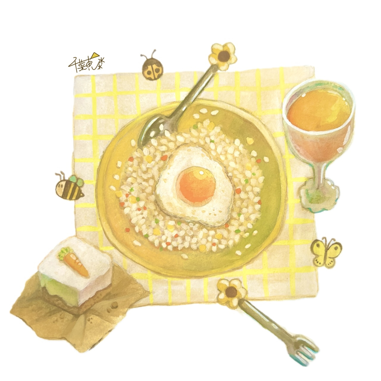 original, commentary request, gouache (medium), highres, painting (medium), traditional media, bee, bug, butterfly, cake, carrot cake, chinae03yellow, drink, food, food focus, fork, fried egg, insect, ladybug, napkin, no humans, pilaf (food), plate, rice, spoon, spring (season), yellow butterfly