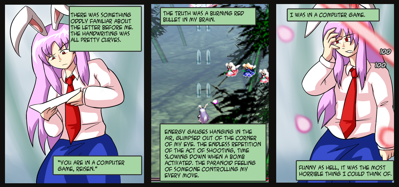 reisen udongein inaba, max payne, max payne (series), touhou, animal ears, comic, english text, female focus, necktie, parody, purple hair, rabbit ears, red eyes