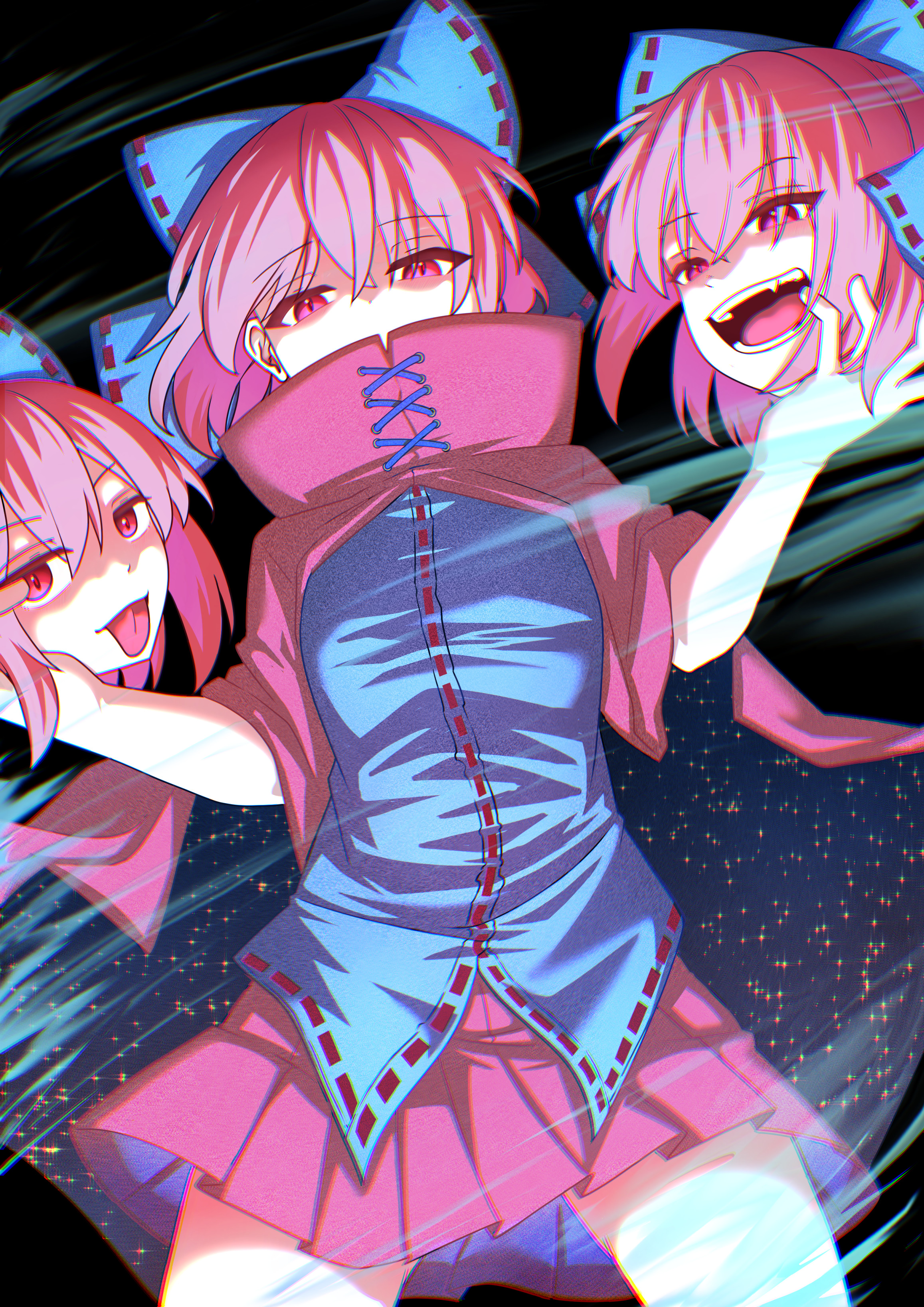 suirium0723, sekibanki, touhou, absurdres, commentary request, highres, 1girl, :d, black background, blue bow, blue shirt, bow, cape, covered mouth, cowboy shot, disembodied hand, fang, hair bow, head on hand, looking at viewer, miniskirt, multiple heads, open mouth, pleated skirt, red cape, red eyes, red hair, red skirt, shirt, short sleeves, skirt, smile, solo, starry sky print, tongue, tongue out, two-sided cape, two-sided fabric, wind