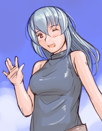 tsuda nanafushi, suigintou, rozen maiden, silver hair, lowres, 00s, 1girl, aged up, female focus, one eye closed, shirt, sleeveless, sleeveless shirt, smile, solo, wink