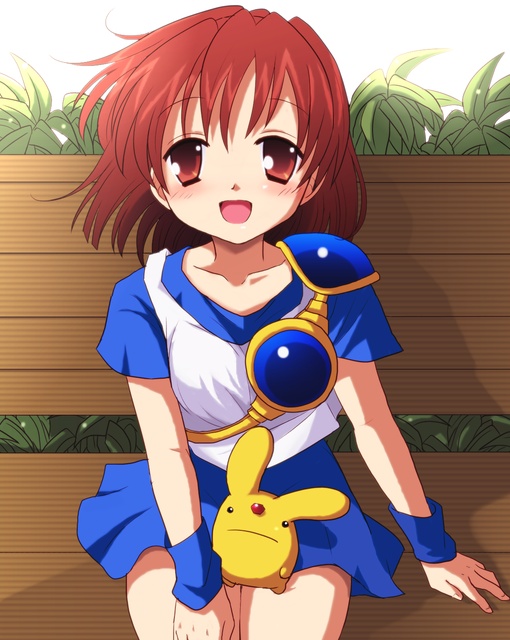 keichan, arle nadja, carbuncle (puyopuyo), madou monogatari, puyopuyo, bad id, bad pixiv id, 1girl, blue skirt, blush, dress, female focus, red eyes, red hair, sitting, skirt, smile, solo, tank top, wristband