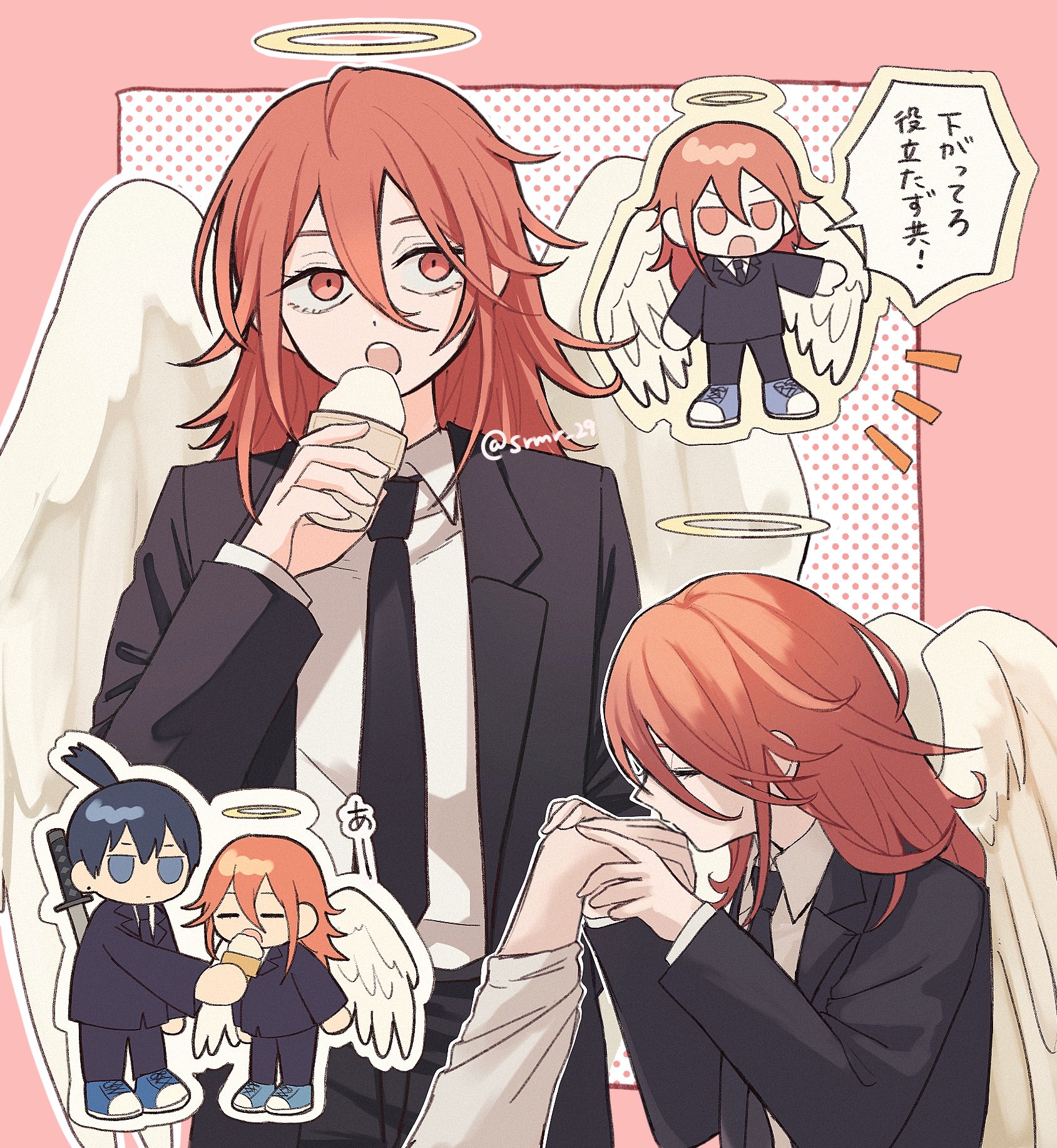 angel devil (chainsaw man), hayakawa aki, chainsaw man, highres, 2boys, androgynous, angel wings, black hair, black jacket, black necktie, black pants, black suit, blue shoes, chibi, chibi inset, closed eyes, collared shirt, earrings, eating, formal clothes, hair between eyes, halo, holding, holding ice cream cone, ice cream cone, jacket, jewelry, katana, kiss, kissing hand, long hair, male focus, medium hair, multiple boys, multiple views, necktie, open mouth, pants, ponytail, red eyes, red hair, shirt, shoes, short ponytail, sneakers, srmr 29, suit, suit jacket, sword, sword on back, weapon, weapon on back, white shirt, wings, yaoi