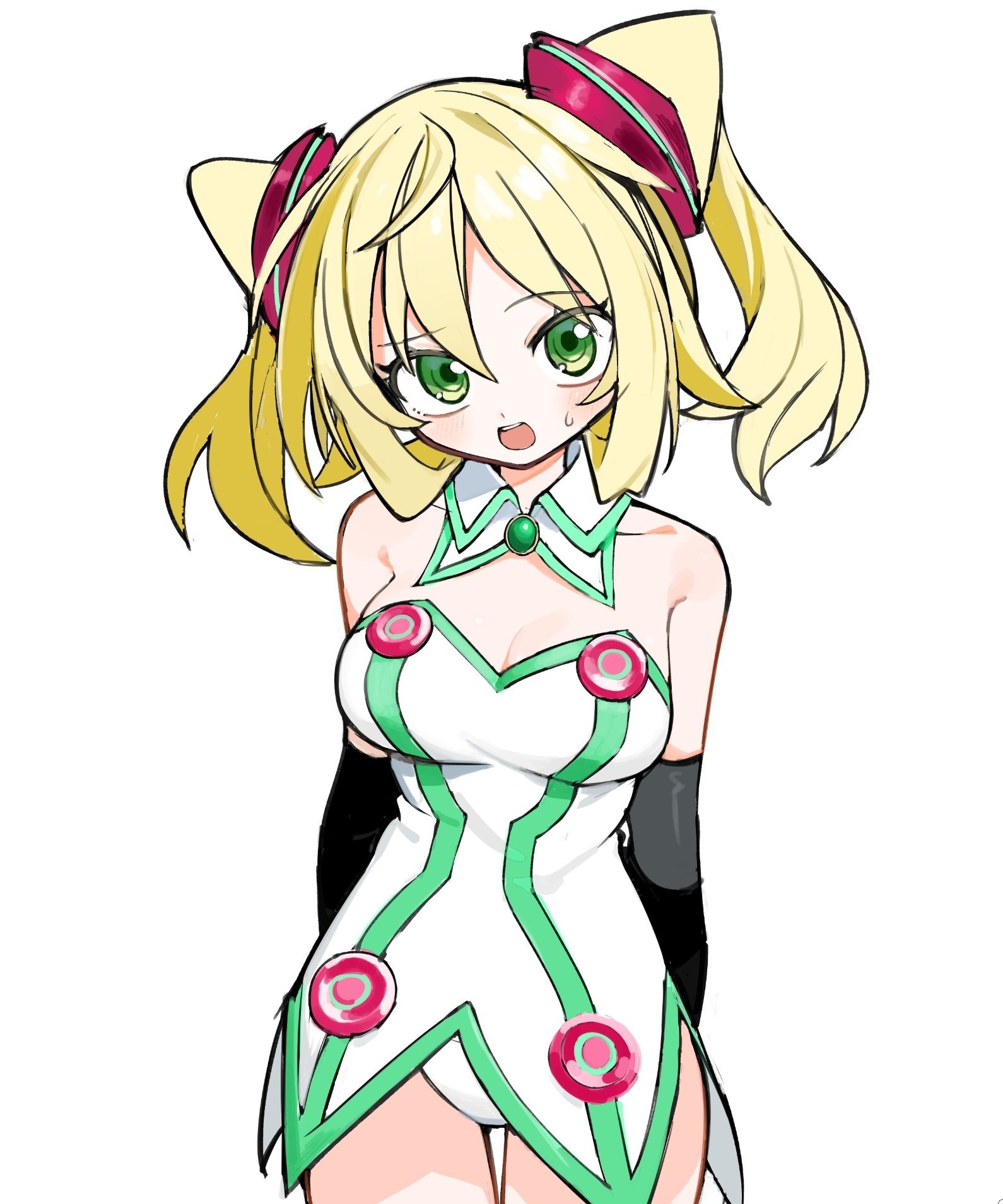 kokaki mumose, hacka doll 1, hacka doll, highres, 1girl, :d, black gloves, blonde hair, blush, breasts, cleavage, cowboy shot, detached collar, elbow gloves, gloves, green eyes, looking at viewer, medium breasts, open mouth, simple background, small sweatdrop, smile, twintails, white background