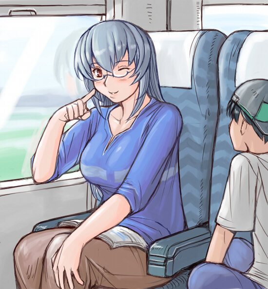 tsuda nanafushi, suigintou, rozen maiden, silver hair, 00s, 1girl, aged up, breasts, casual, glasses, large breasts, one eye closed, solo focus, wink