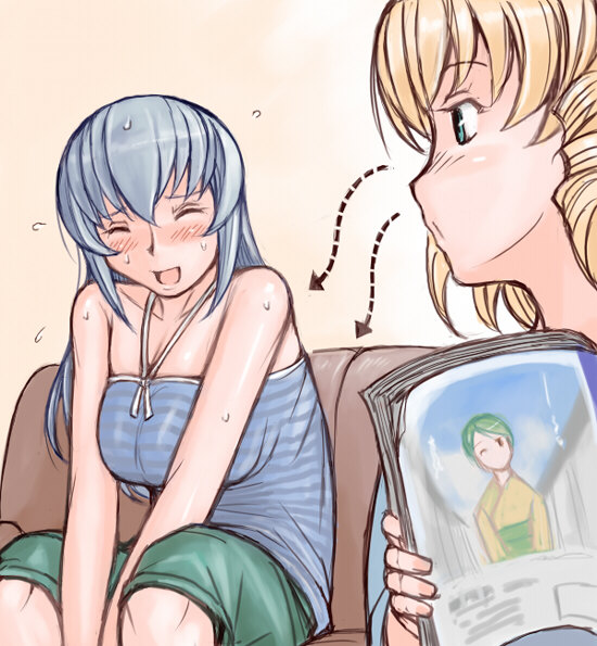 tsuda nanafushi, hinaichigo, suigintou, rozen maiden, silver hair, 00s, 2girls, aged up, bare shoulders, blonde hair, blush, breasts, casual, green eyes, large breasts, long hair, magazine (object), multiple girls, sweat