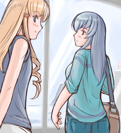 tsuda nanafushi, shinku, suigintou, rozen maiden, silver hair, 00s, aged up, bag, blonde hair, blue eyes, casual, from behind, long hair, shirt, sleeveless, sleeveless shirt