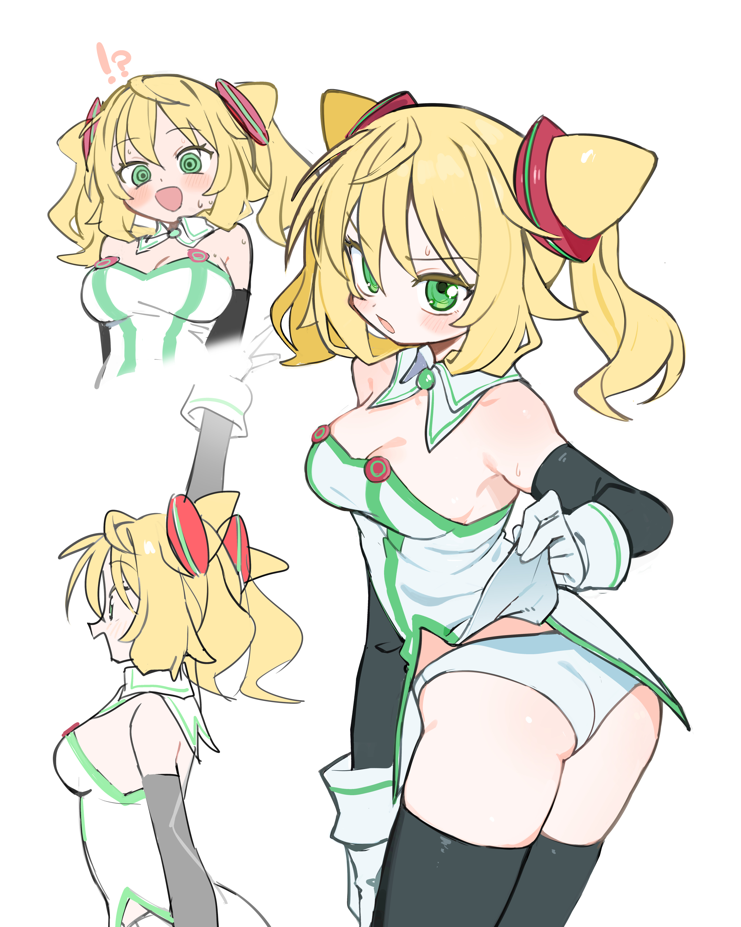 kokaki mumose, hacka doll 1, hacka doll, absurdres, highres, !?, 1girl, :d, @ @, arm up, ass, black gloves, black thighhighs, blonde hair, blush, breasts, cleavage, clothes lift, cowboy shot, cropped torso, detached collar, elbow gloves, from side, gloves, green eyes, layered gloves, lifting own clothes, medium breasts, multiple views, open mouth, outstretched hand, panties, profile, shirt lift, simple background, smile, sweat, thighhighs, twintails, underwear, v-shaped eyebrows, waving, white background, white gloves, white panties