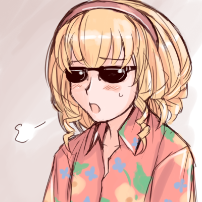 tsuda nanafushi, hinaichigo, rozen maiden, lowres, 00s, 1girl, aged up, blonde hair, casual, female focus, gradient background, hairband, hawaiian shirt, shirt, short hair, sigh, solo, sunglasses