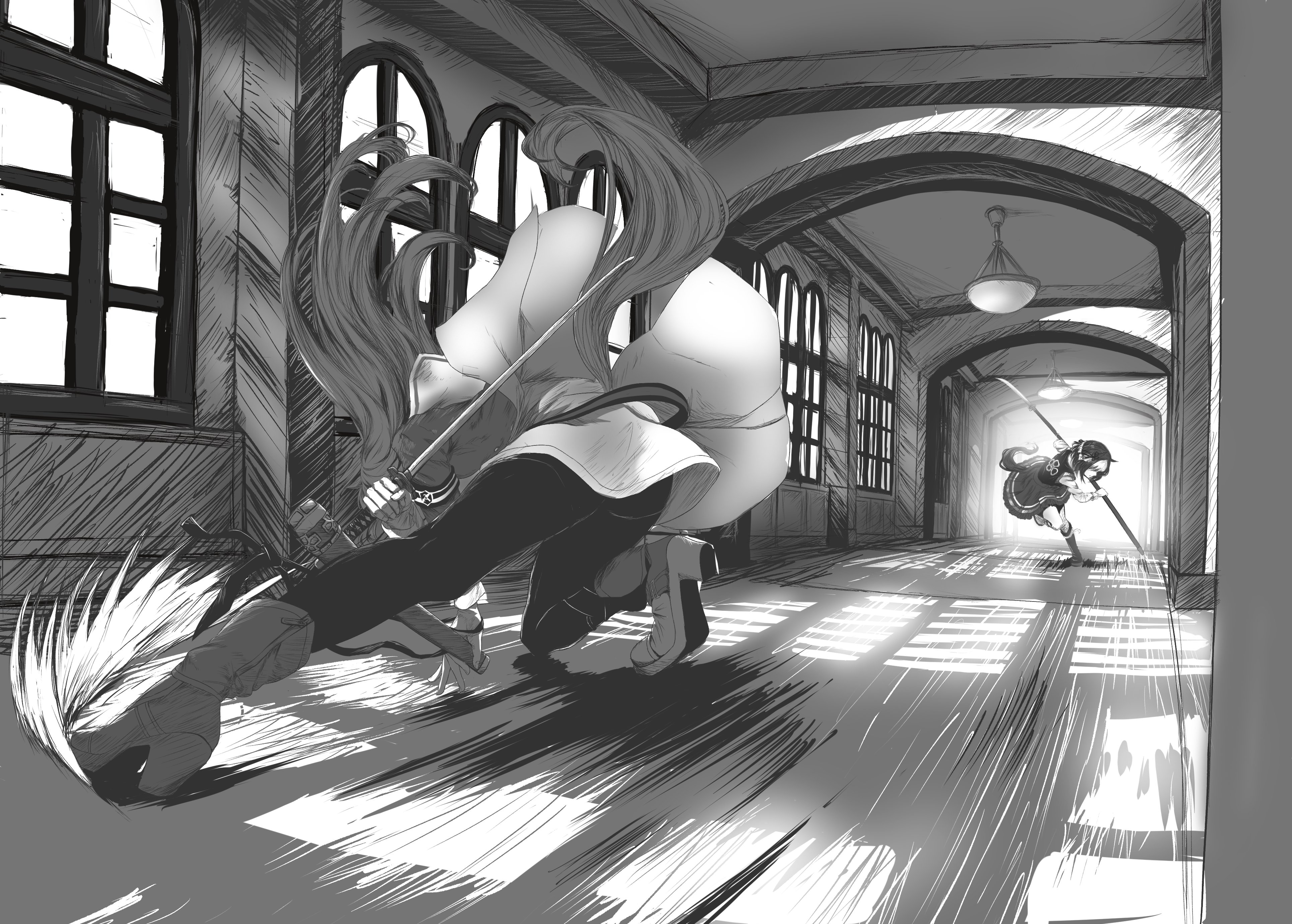 komoro paint777, grass wonder (stone-piercing blue) (umamusume), grass wonder (umamusume), special week (umamusume), umamusume, absurdres, highres, 2girls, boots, fighting stance, full body, hallway, high heel boots, high heels, holding, holding polearm, holding sheath, holding sword, holding weapon, horse tail, indoors, katana, long hair, monochrome, multicolored hair, multiple girls, naginata, pantyhose, pleated skirt, polearm, running, scabbard, school uniform, sheath, short hair, skirt, sliding, sword, tail, tracen school uniform, two-tone hair, weapon