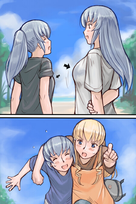 tsuda nanafushi, shinku, suigintou, rozen maiden, silver hair, 00s, 1boy, 3girls, aged up, beach, blonde hair, blue eyes, breasts, casual, day, large breasts, long hair, multiple girls, ponytail, short hair, siblings, sweatdrop