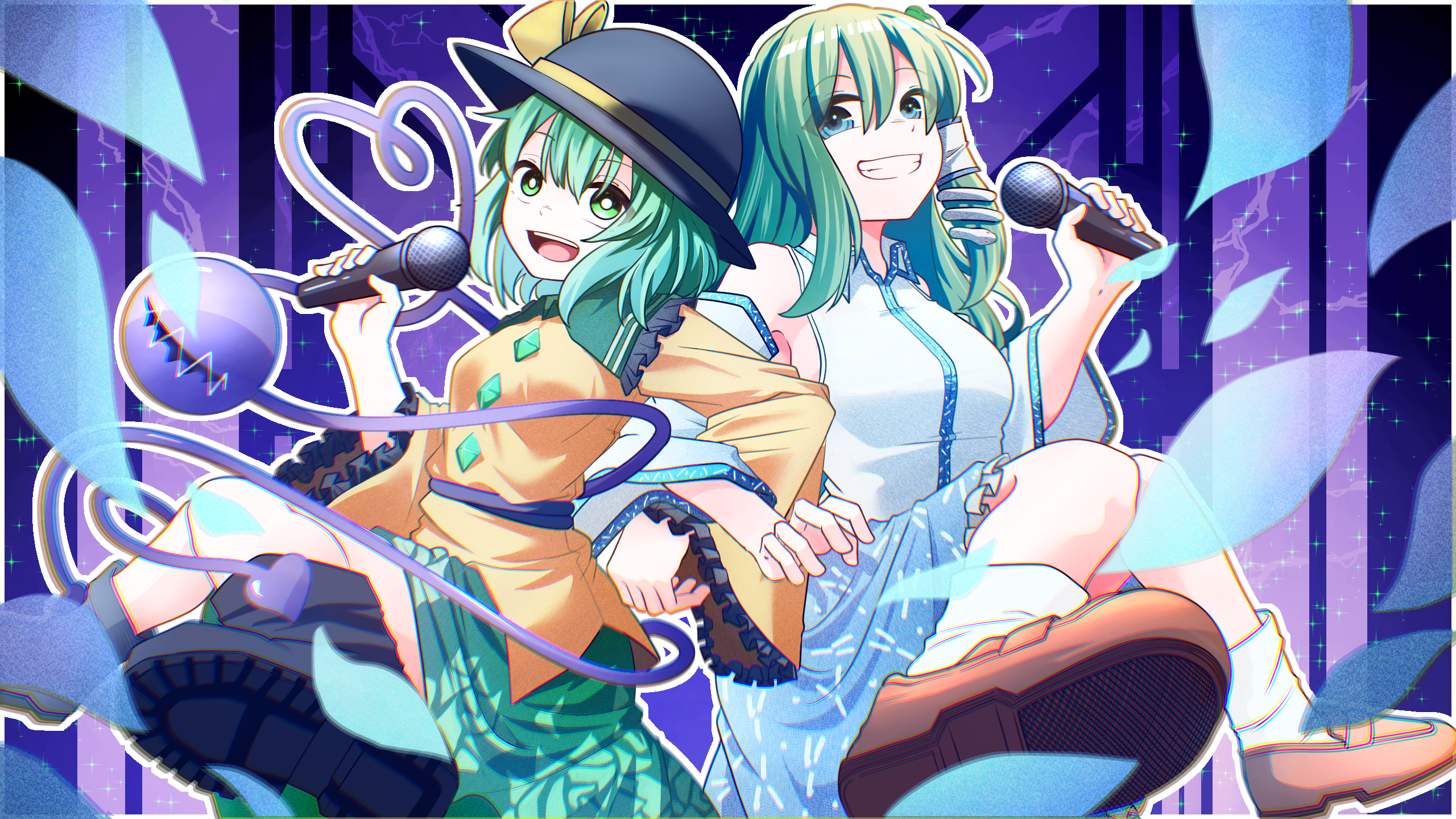suirium0723, kochiya sanae, komeiji koishi, touhou, commentary request, highres, 2girls, :d, black boots, blue eyes, blue petals, blue skirt, blurry, boots, bright pupils, brown shoes, buttons, collared shirt, depth of field, detached sleeves, diamond button, floral print, floral print skirt, frilled shirt collar, frilled skirt, frills, frog hair ornament, green eyes, green hair, green skirt, grin, hair ornament, holding, holding microphone, knees, locked arms, long hair, long sleeves, medium hair, microphone, multiple girls, open mouth, outline, print skirt, purple background, shirt, shoes, skirt, smile, snake hair ornament, socks, teeth, third eye, upper teeth only, white outline, white pupils, white shirt, white socks, yellow shirt