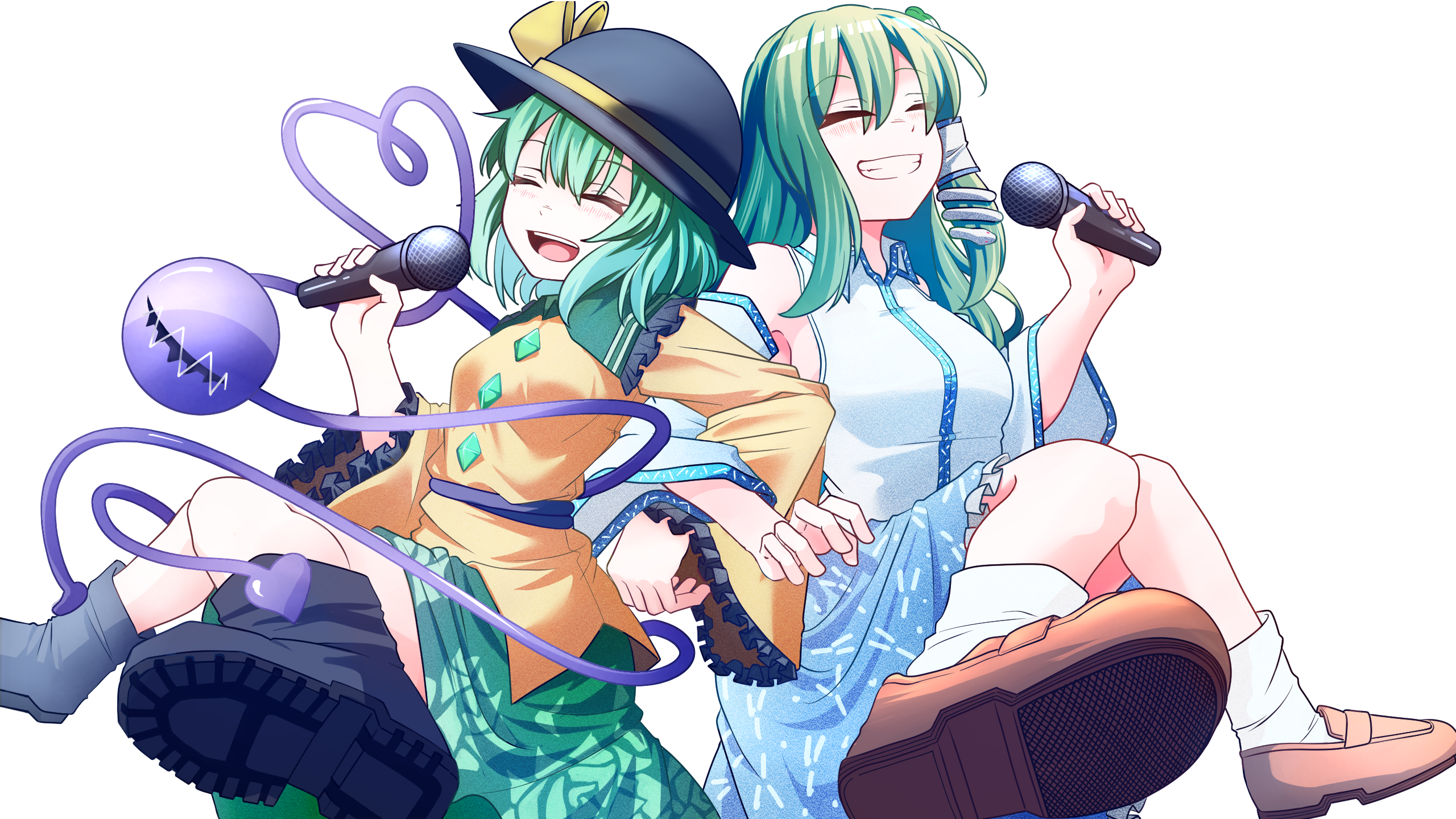 suirium0723, kochiya sanae, komeiji koishi, touhou, commentary request, highres, 2girls, :d, black boots, blue petals, blue skirt, blurry, blush, boots, bright pupils, brown shoes, buttons, closed eyes, collared shirt, depth of field, detached sleeves, diamond button, floral print, floral print skirt, frilled shirt collar, frilled skirt, frills, frog hair ornament, green hair, green skirt, grin, hair ornament, holding, holding microphone, knees, locked arms, long hair, long sleeves, medium hair, microphone, multiple girls, open mouth, print skirt, purple background, shirt, shoes, skirt, smile, snake hair ornament, socks, teeth, third eye, transparent background, upper teeth only, white pupils, white shirt, white socks, yellow shirt