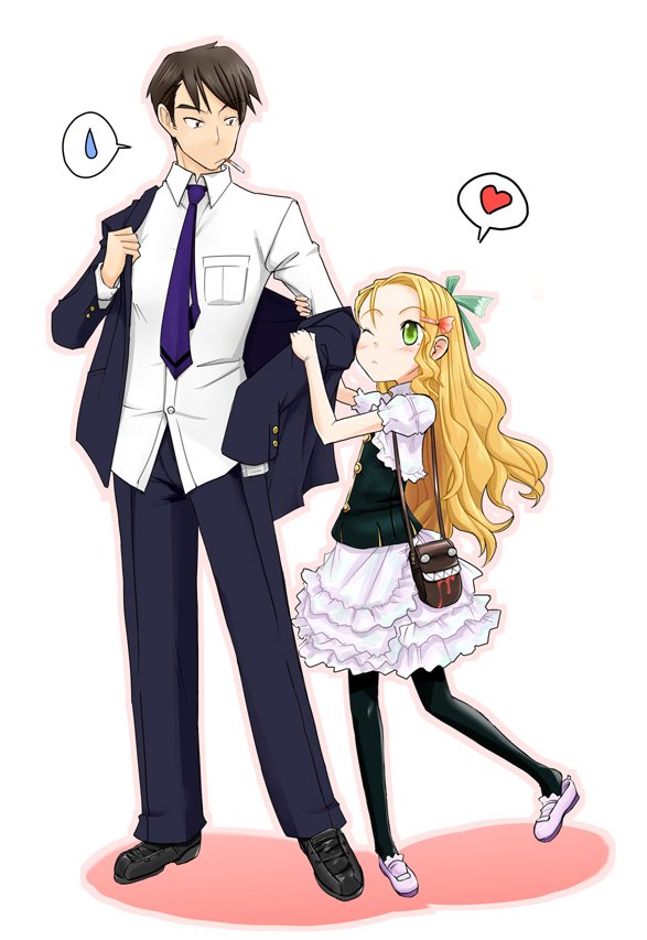 urokozuki, original, 1boy, 1girl, bag, black pantyhose, blonde hair, bow, child, cigarette, formal clothes, green eyes, hair bow, handbag, heart, long hair, necktie, one eye closed, pantyhose, simple background, spoken heart, spoken sweatdrop, suit, sweatdrop, wink