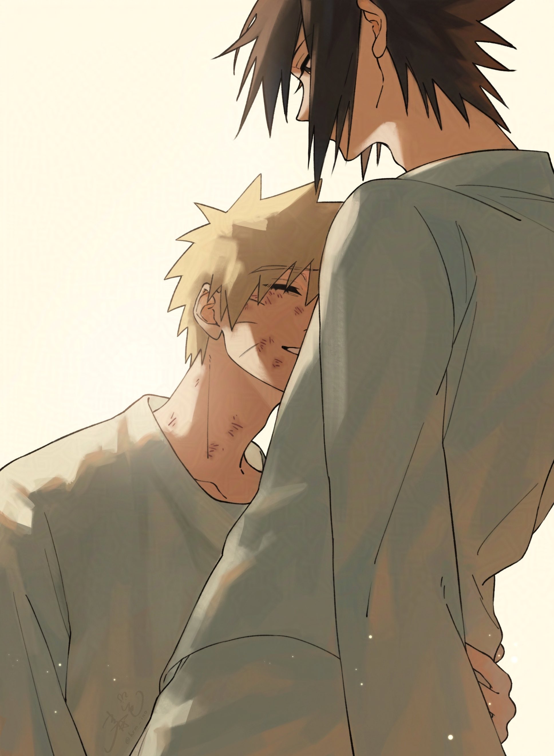 haruiro (hrm ino), uchiha sasuke, uzumaki naruto, naruto (series), absurdres, highres, 2boys, arm around waist, black hair, blonde hair, closed eyes, dirty, dirty face, facial mark, hair between eyes, looking at another, multiple boys, parted lips, shirt, short hair, smile, spiked hair, upper body, whisker markings, white shirt, yaoi