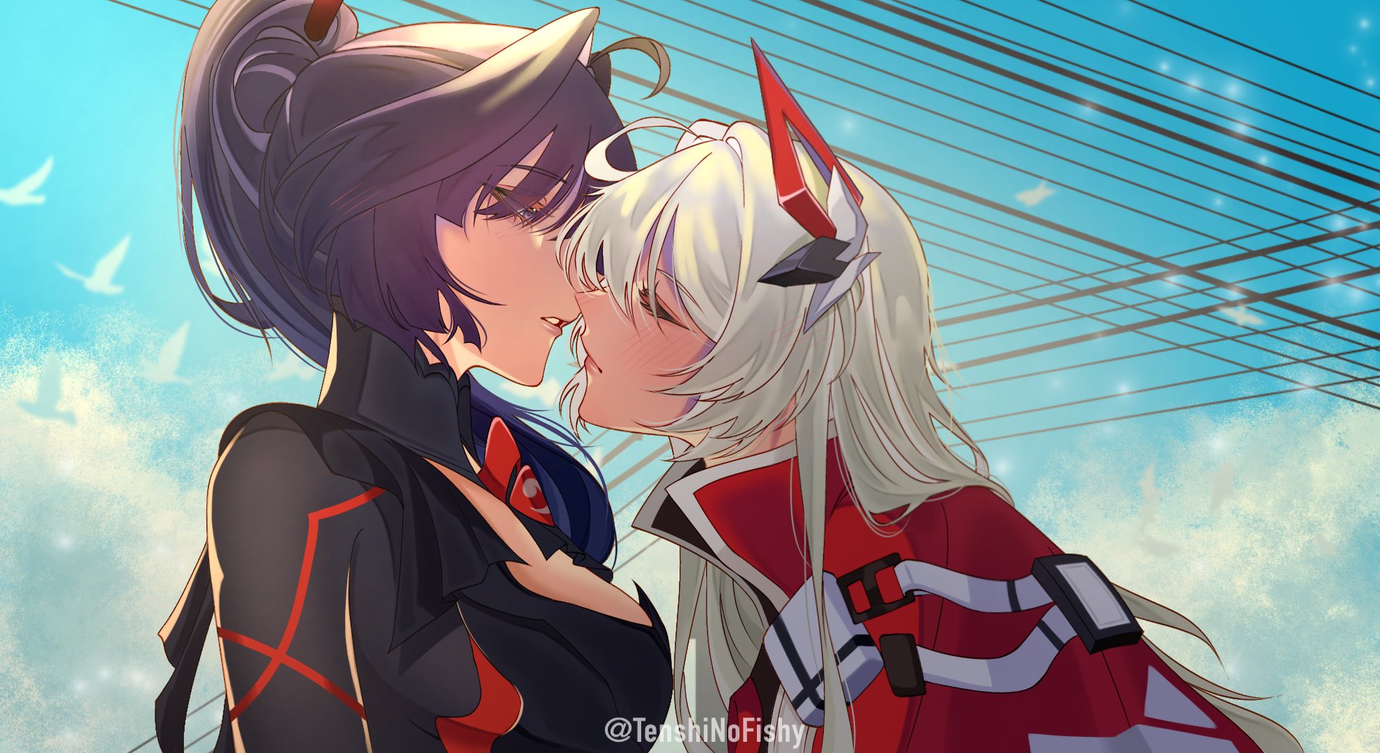 kiana kaslana, raiden mei, honkai (series), honkai impact 3rd, commentary, english commentary, highres, 2girls, blue sky, blush, breasts, closed eyes, closed mouth, imminent kiss, jacket, long hair, looking at another, multiple girls, outdoors, parted lips, power lines, purple eyes, purple hair, red jacket, sky, tenshinofishy, twitter username, white hair, yuri