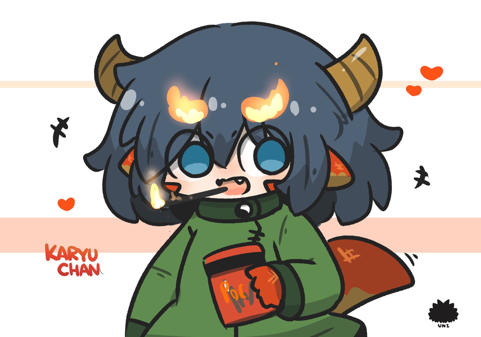 uni souchou, original, commentary, english commentary, highres, +++, 1girl, black hair, blue eyes, character name, chibi, chinese clothes, dragon girl, dragon horns, dragon tail, fang, fiery eyebrows, fire, green jacket, hair between eyes, heart, horns, jacket, long sleeves, open mouth, sea urchin, solo, tail, upper body, white background