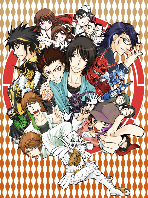 666nao, fujisawa naoyuki, deneb, hana (kamen rider den-o), kai (kamen rider den-o), kintaros, kintarosu, kohana, miura (kamen rider den-o), momotaros, momotarosu, naomi (kamen rider den-o), nogami ryoutarou, ozaki (kamen rider den-o), ryutaros, ryutarosu, sakurai yuuto (kamen rider den-o), sieg, the owner (kamen rider den-o), urataros, uratarosu, kamen rider, kamen rider den-o (series), 4girls, 6+boys, :d, argyle background, argyle clothes, baseball cap, black hair, brown hair, everyone, glasses, grin, hat, long sleeves, looking at viewer, multiple boys, multiple girls, open mouth, pants, possessed, possession, semi-rimless eyewear, short hair, simple background, smile, standing, teeth, under-rim eyewear