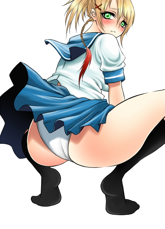 iwakura, rikku (ff10), final fantasy, final fantasy x, final fantasy x-2, black legwear, 00s, 1girl, ass, blonde hair, blush, female focus, green eyes, huge ass, looking back, panties, school uniform, serafuku, simple background, solo, squatting, underwear, white panties