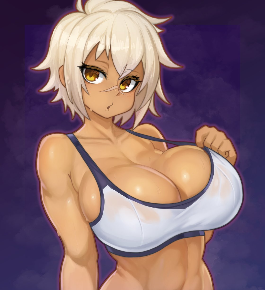 nerosynt, bullet (blazblue), arc system works, blazblue, blazblue: central fiction, commentary, english commentary, highres, 1girl, 2025, :o, adjusting clothes, arm at side, bare shoulders, blue trim, breasts, brown eyes, collarbone, dark-skinned female, dark skin, eyebrows hidden by hair, female focus, head tilt, huge breasts, looking at viewer, purple background, scar on face, scar on nose, shiny skin, short hair, simple background, solo, sports bra, sweat, toned, toned female, upper body, white hair, white sports bra