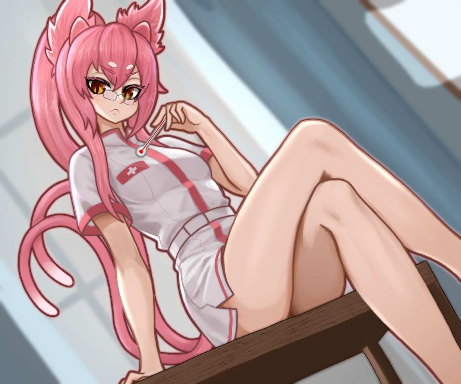 nerosynt, kokonoe (blazblue), arc system works, blazblue, commentary, english commentary, 1girl, 2024, alternate costume, animal ears, arm support, ass, blurry, blurry background, breasts, cat ears, cat girl, cat tail, closed mouth, collarbone, collared shirt, crossed legs, depth of field, dutch angle, eyebrows hidden by hair, facial mark, feet out of frame, female focus, forehead mark, frown, glasses, head tilt, indoors, long hair, multiple tails, nurse, pince-nez, pink hair, ponytail, popped collar, red eyes, red trim, shirt, short sleeves, sitting, skirt, slit pupils, small breasts, solo, table, tail, thermometer, thighs, v-shaped eyebrows, very long hair, white shirt, white skirt