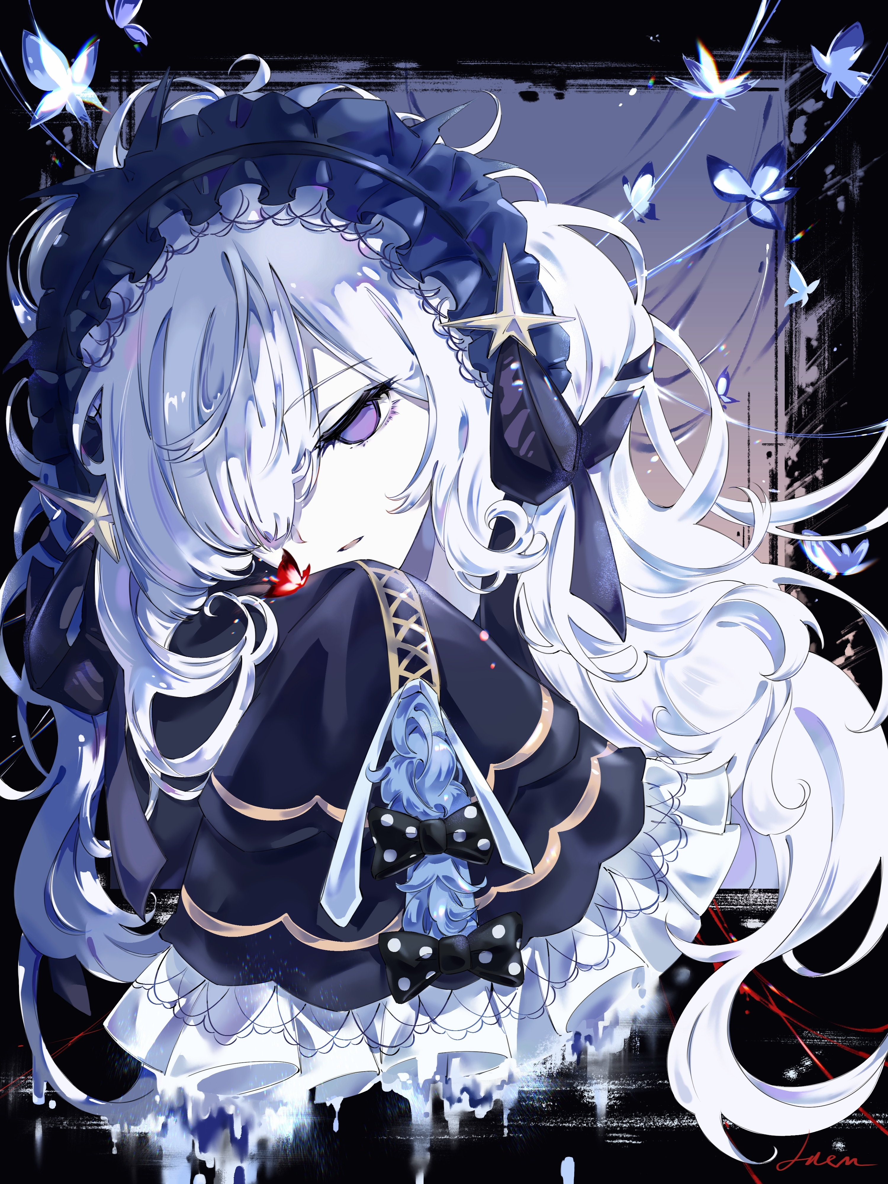 natsume an-an, mahou shoujo no majo saiban, absurdres, chinese commentary, commentary request, highres, spoilers, 1girl, black background, black horns, blue butterfly, blue hairband, bow, bug, butterfly, caomu ning wei shuang, gothic lolita, hair over one eye, hairband, horns, insect, lolita fashion, lolita hairband, long hair, long sleeves, looking at viewer, polka dot, polka dot bow, purple eyes, red butterfly, sleeves past fingers, sleeves past wrists, solo, upper body, white hair, witch (manosaba)