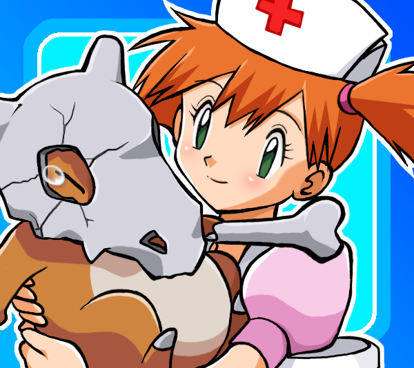 izumi masashi, masashi izumi, cubone, joy (pokemon), misty (pokemon), nintendo, pokemon, pokemon (anime), pokemon (classic anime), pokemon ep047, tagme, 1girl, alternate costume, bone, carrying, closed eyes, cosplay, creature, gen 1 pokemon, green eyes, gym leader, hat, joy (pokemon) (cosplay), looking at another, nurse, nurse cap, orange hair, outline, puffy short sleeves, puffy sleeves, red hair, short sleeves, side ponytail, skull, tearing up, tears, upper body, white outline