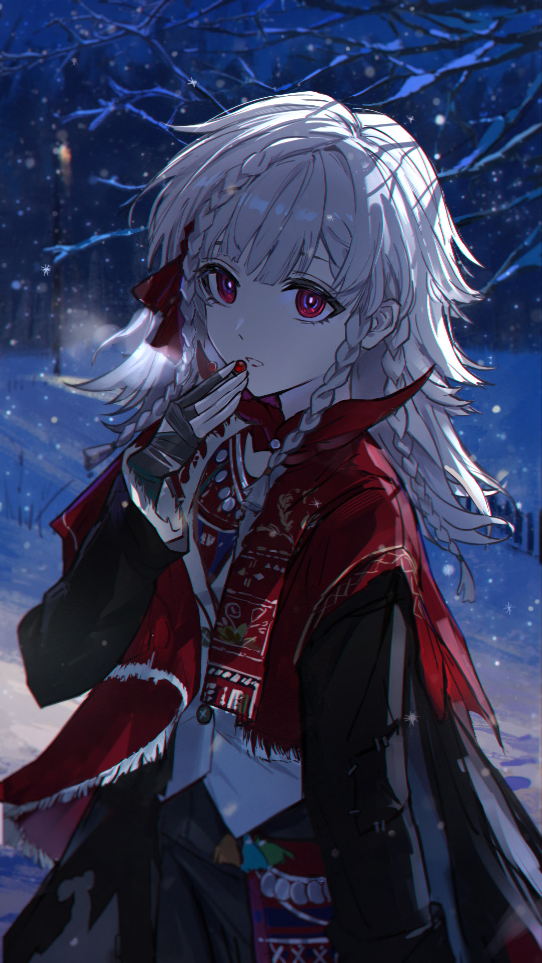 qinghong zaoshu, rubuska, reverse:1999, highres, 1girl, backlighting, bare tree, black coat, black gloves, black pants, breath, cloak, coat, fingerless gloves, food, fruit, gloves, hand up, holding, holding food, holding fruit, jacket, medium hair, night, outdoors, pants, quad braids, raspberry, red cloak, red eyes, snow, snowing, solo, tree, upper body, white hair, white jacket