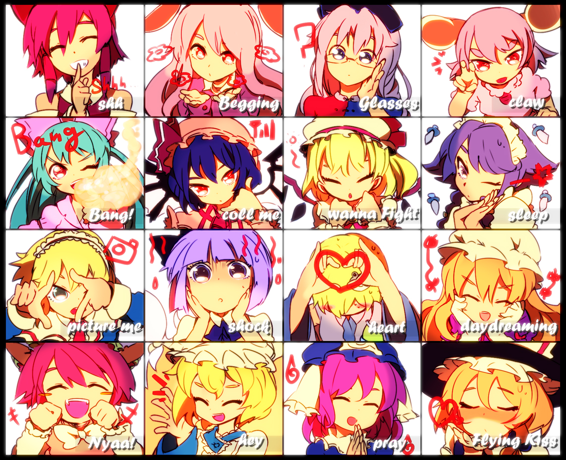 rawan, alice margatroid, chen, flandre scarlet, fujiwara no mokou, hakurei reimu, inaba tewi, izayoi sakuya, kirisame marisa, kochiya sanae, konpaku youmu, reisen udongein inaba, remilia scarlet, saigyouji yuyuko, yagokoro eirin, yakumo ran, yakumo yukari, touhou, bad id, bad pixiv id, 6+girls, adjusting eyewear, bespectacled, closed eyes, everyone, female focus, four-finger heart hands, glasses, hat, heart, heart hands, multiple expressions, multiple girls, one eye closed, wink