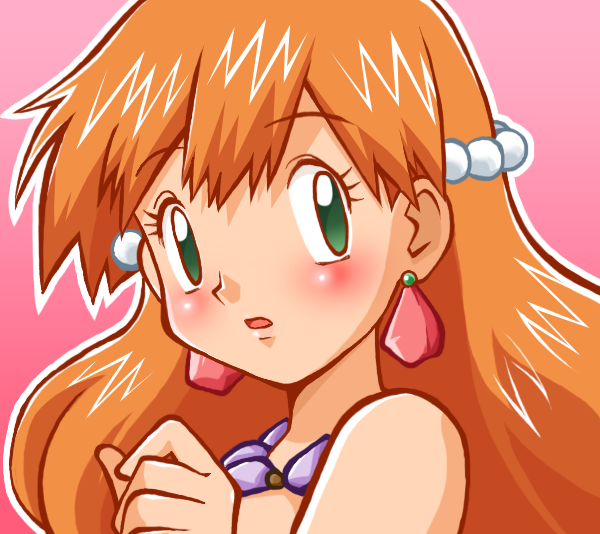 izumi masashi, misty (pokemon), nintendo, pokemon, pokemon (anime), 1girl, alternate costume, alternate hairstyle, bare shoulders, blush, earrings, female focus, green eyes, gym leader, jewelry, long hair, orange hair, red hair, solo