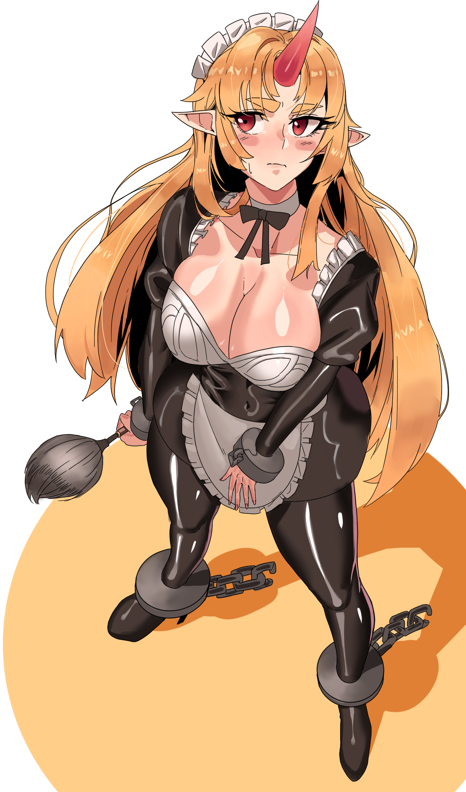 gamjasssak, hoshiguma yuugi, subterranean animism, touhou, absurdres, highres, blonde hair, blush, breasts, chain, large breasts, latex, maid, muscular, muscular female, oni