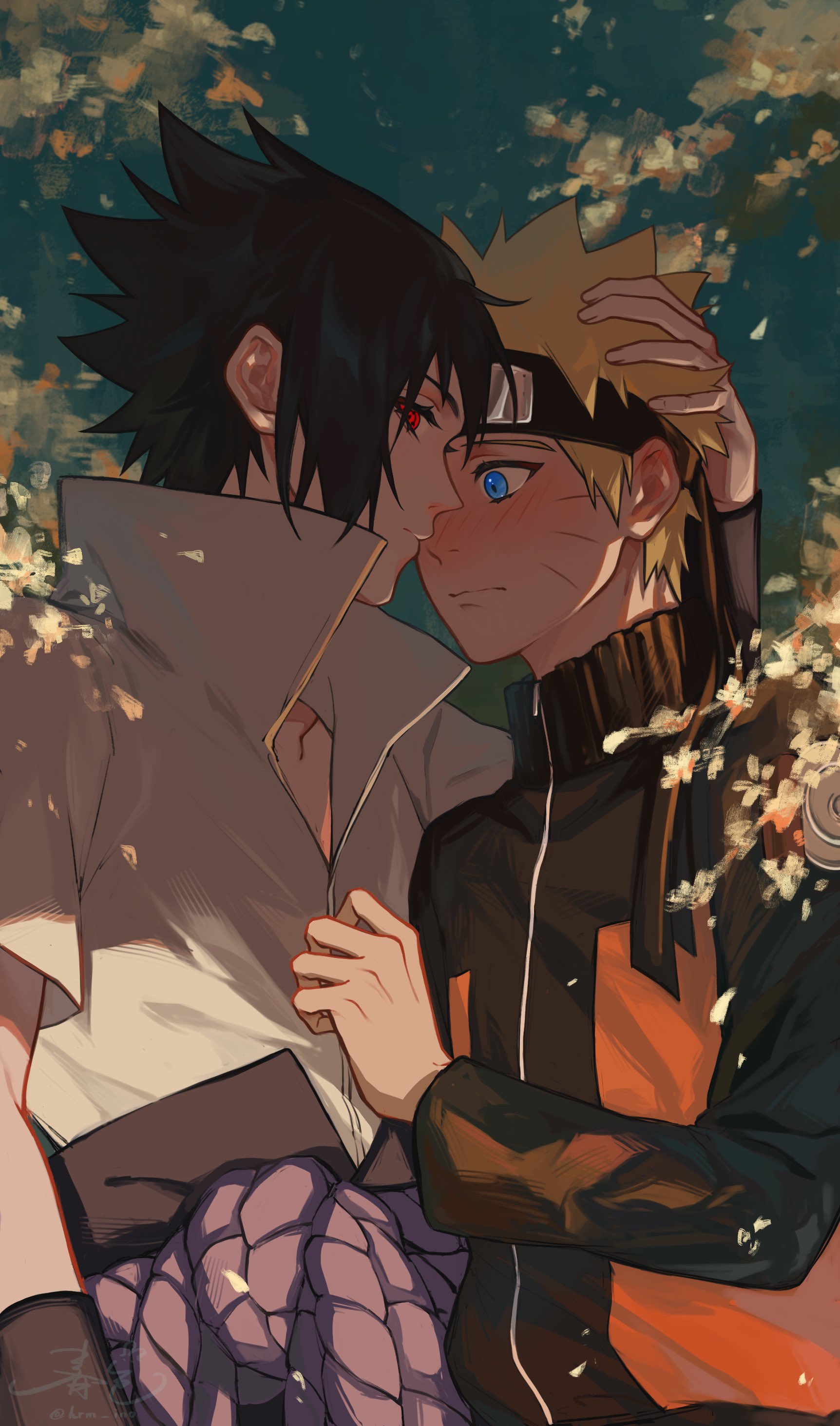 haruiro (hrm ino), uchiha sasuke, uzumaki naruto, naruto (series), naruto shippuuden, absurdres, highres, 2boys, arm around neck, black hair, black jacket, blonde hair, blue eyes, blush, facial mark, hand in another's hair, hand on another's chest, jacket, looking at another, male focus, multicolored jacket, multiple boys, orange jacket, red eyes, rope belt, sharingan, sharp teeth, shirt, short hair, teeth, two-tone jacket, upper body, whisker markings, white shirt, yaoi