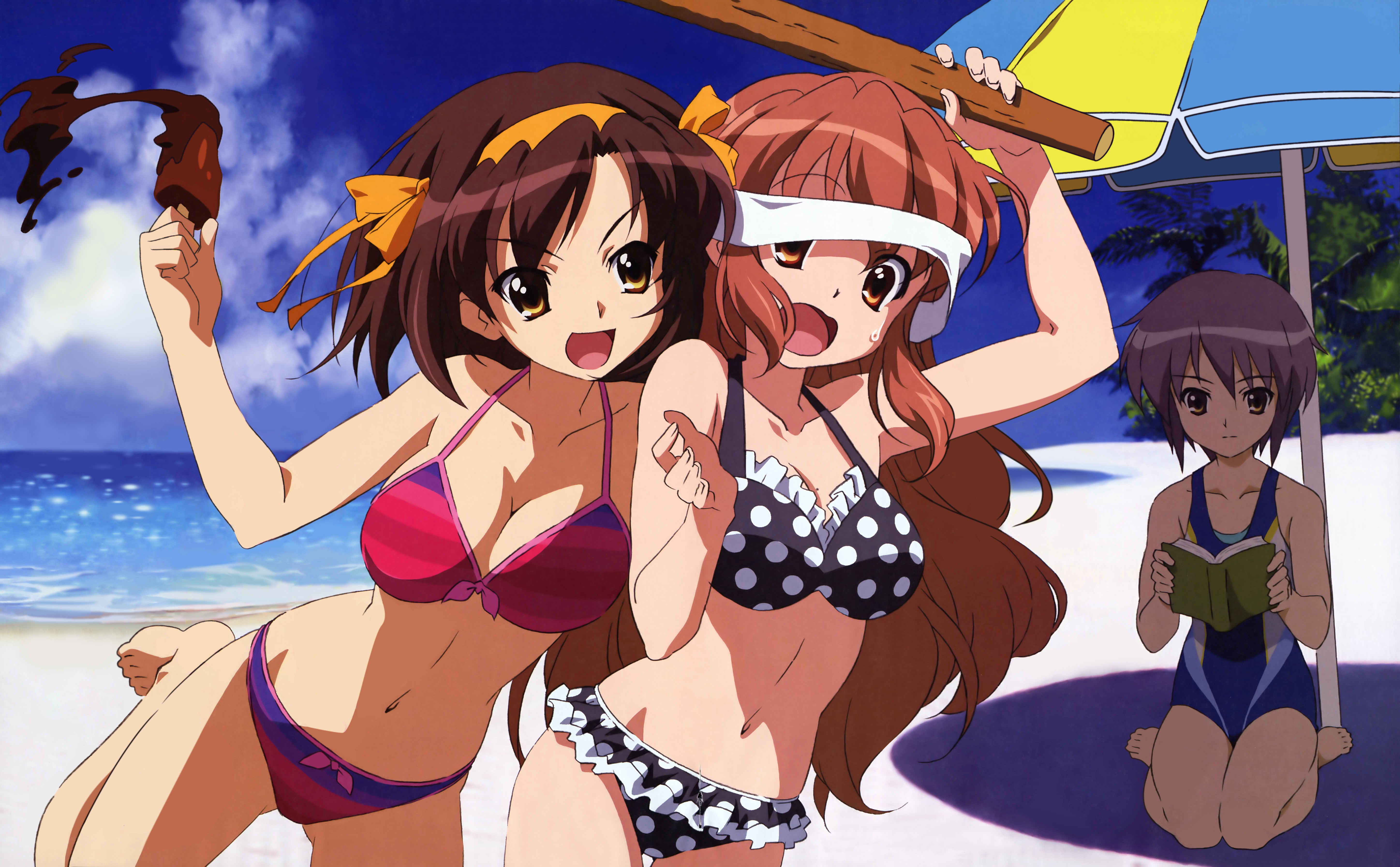 takemoto yasuhiro, asahina mikuru, nagato yuki, suzumiya haruhi, suzumiya haruhi no yuuutsu, absurdres, detexted, highres, non-web source, official art, third-party edit, 00s, 3girls, barefoot, beach, beach umbrella, bikini, blindfold, book, breasts, brown eyes, brown hair, cleavage, cloud, competition swimsuit, curvy, day, female focus, food, hairband, happy, headband, ice cream, jumping, large breasts, long hair, medium breasts, mole, mole on breast, multiple girls, ocean, one-piece swimsuit, outdoors, parasol, polka dot, polka dot bikini, polka dot swimsuit, popsicle, purple hair, short hair, sky, smile, striped bikini, striped clothes, sweat, swimsuit, umbrella, very long hair