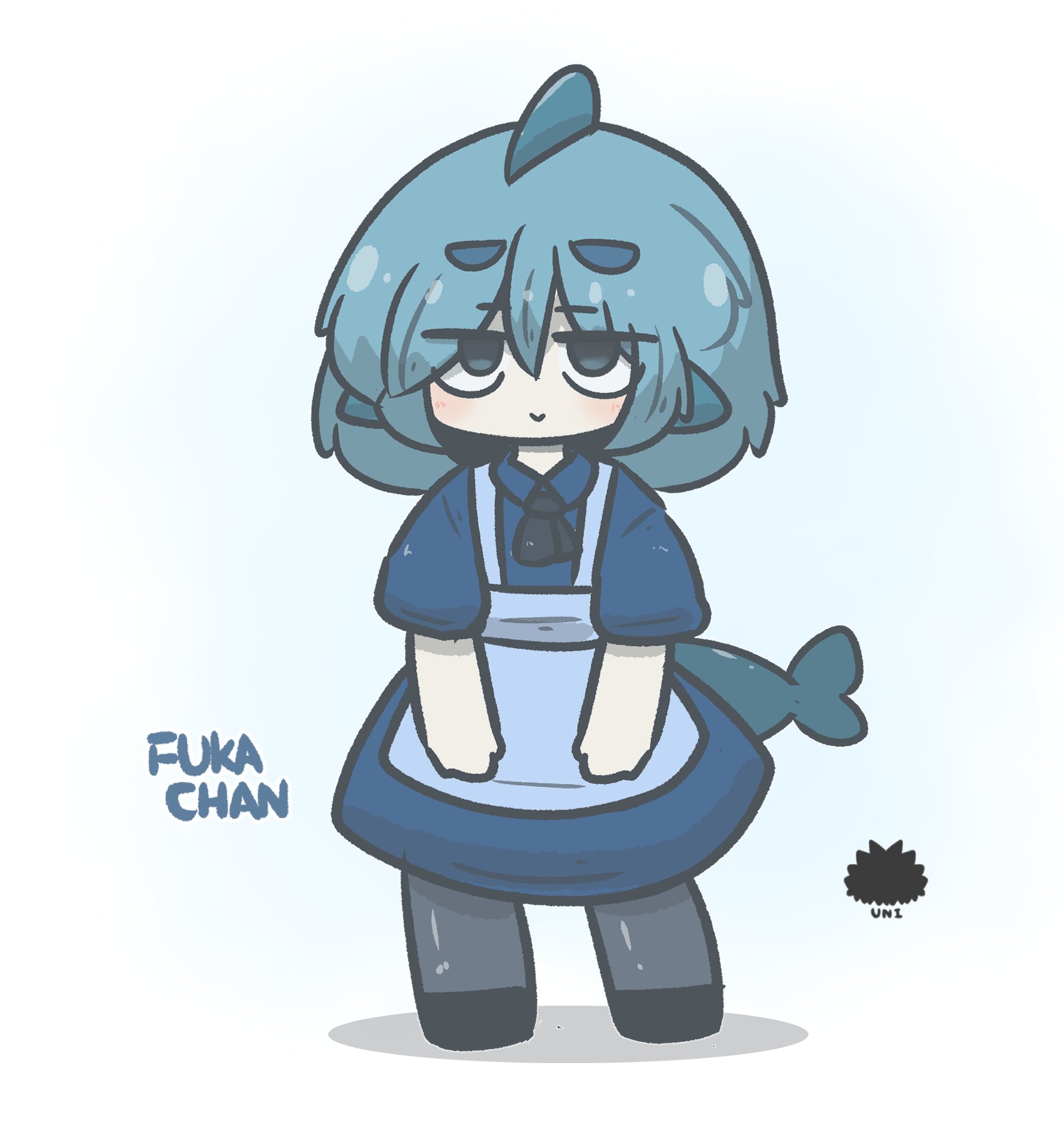 uni souchou, fuka-chan, original, commentary request, highres, 1girl, :>, apron, black shoes, blue apron, blue dress, blue eyes, blue hair, blush, character name, chibi, closed mouth, collared dress, dress, fins, fish tail, full body, grey pantyhose, pantyhose, sea urchin, shadow, shark tail, shoes, short eyebrows, short sleeves, simple background, solo, standing, tail, thick eyebrows, white background