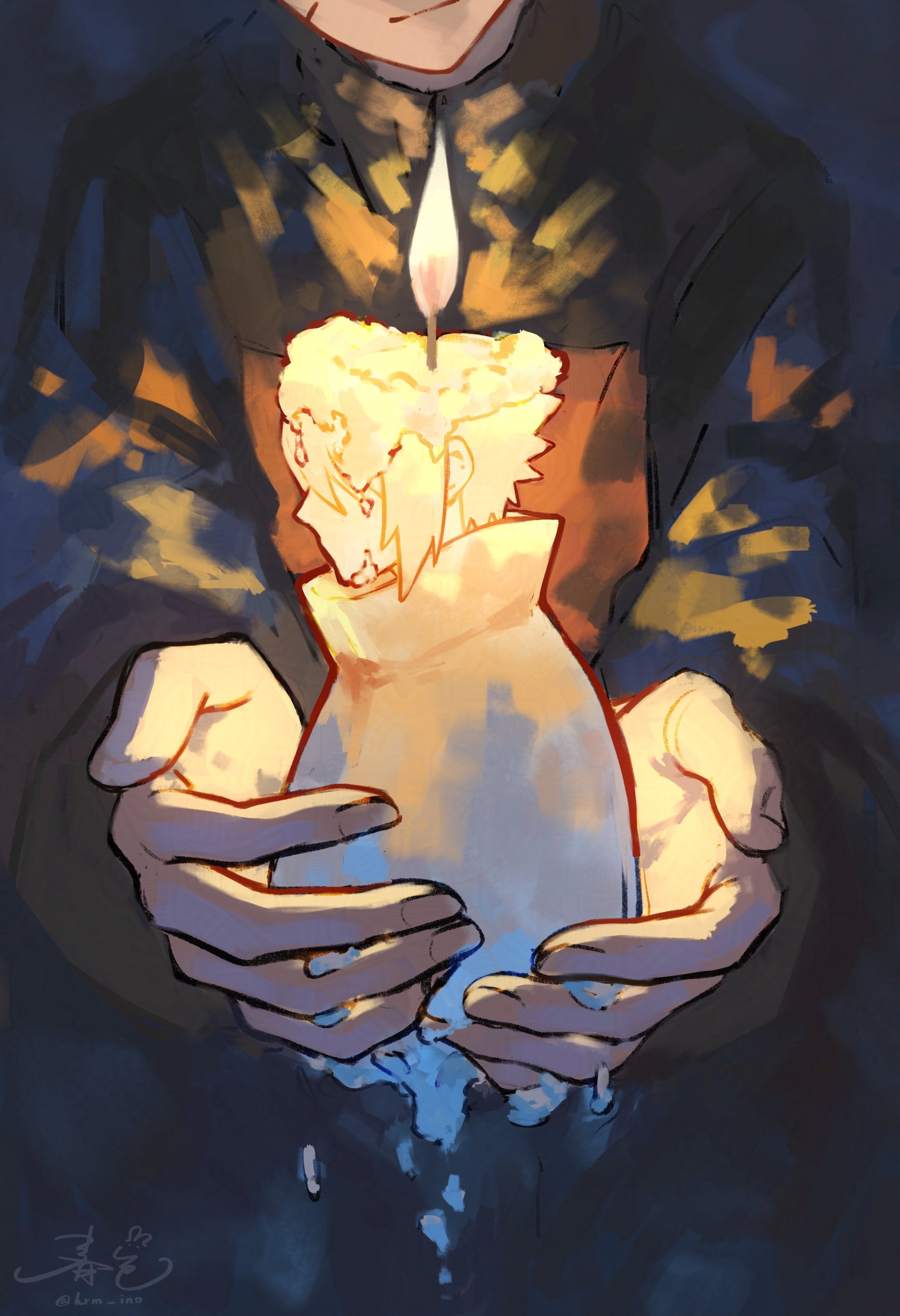 haruiro (hrm ino), uchiha sasuke, uzumaki naruto, naruto (series), absurdres, hashtag-only commentary, highres, 2boys, black jacket, black sleeves, candle, closed mouth, facial mark, hair over eyes, holding, holding candle, jacket, looking at another, male focus, melting, multicolored jacket, multiple boys, orange jacket, short hair, signature, twitter username, two-tone jacket, upper body, whisker markings