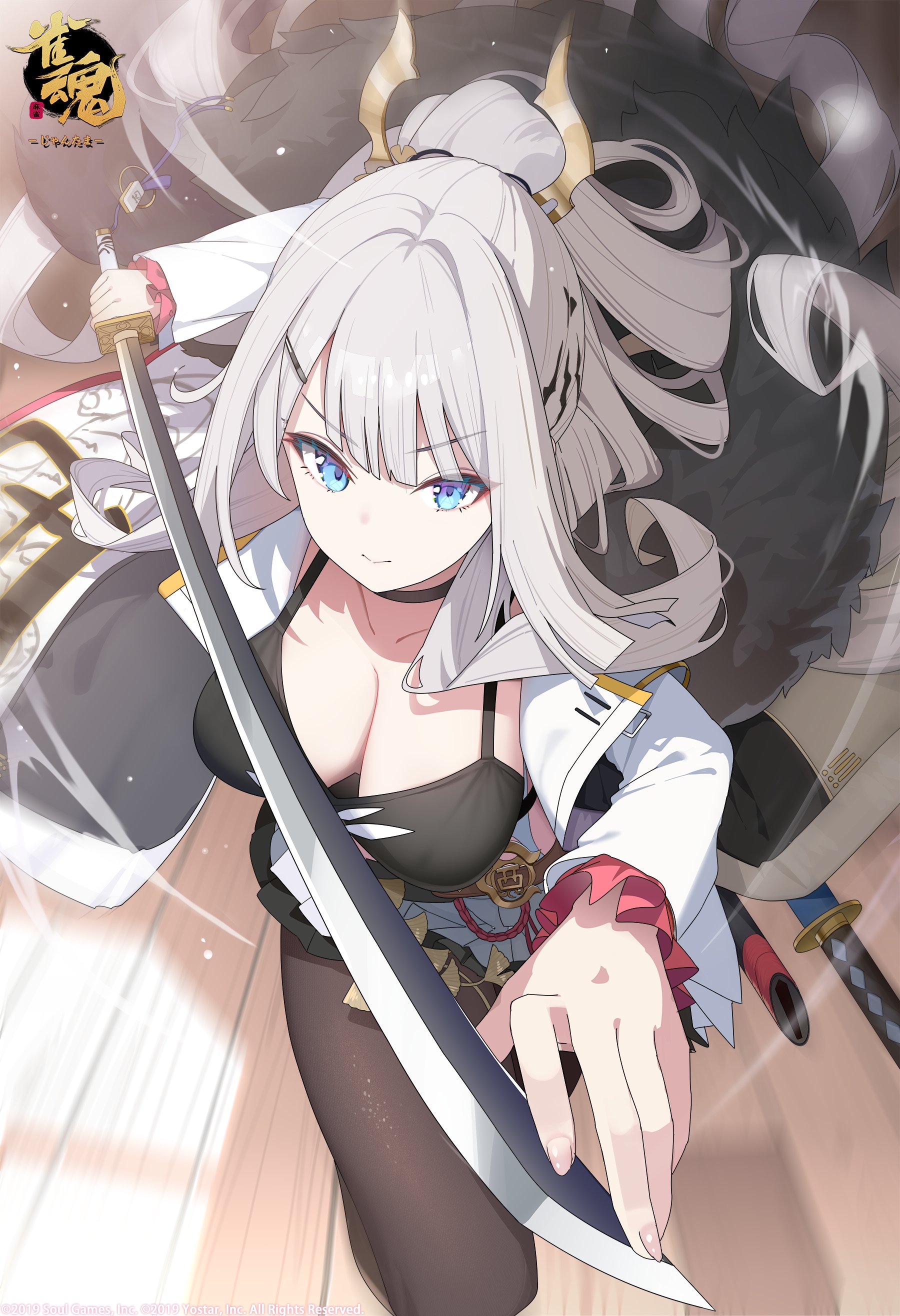 hukahire0120, saionji kazuha, mahjong soul, absurdres, highres, 1girl, bikini, bikini top only, black bikini, black choker, black skirt, blue eyes, breasts, brown pantyhose, choker, cleavage, closed mouth, coat, hair ornament, holding, holding sword, holding weapon, katana, large breasts, long hair, long sleeves, looking at viewer, miniskirt, open clothes, open coat, pantyhose, pleated skirt, skirt, solo, swimsuit, sword, v-shaped eyebrows, weapon, white coat, white hair