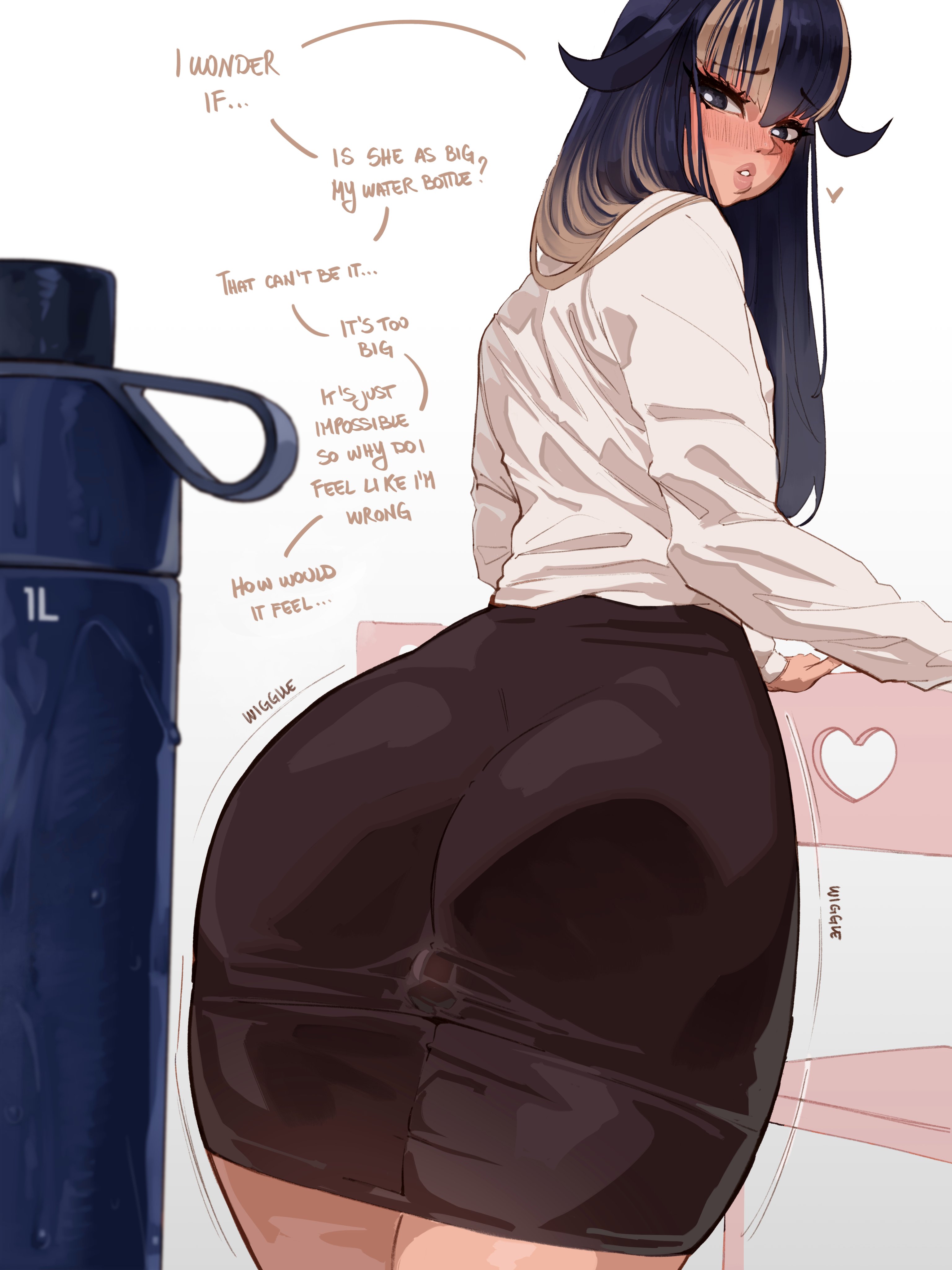 liuskin, original, absurdres, highres, 1girl, black hair, black skirt, blush, brown streaks, english text, heart, long hair, looking back, multicolored hair, shirt, skirt, solo, sound effects, streaked hair, white shirt