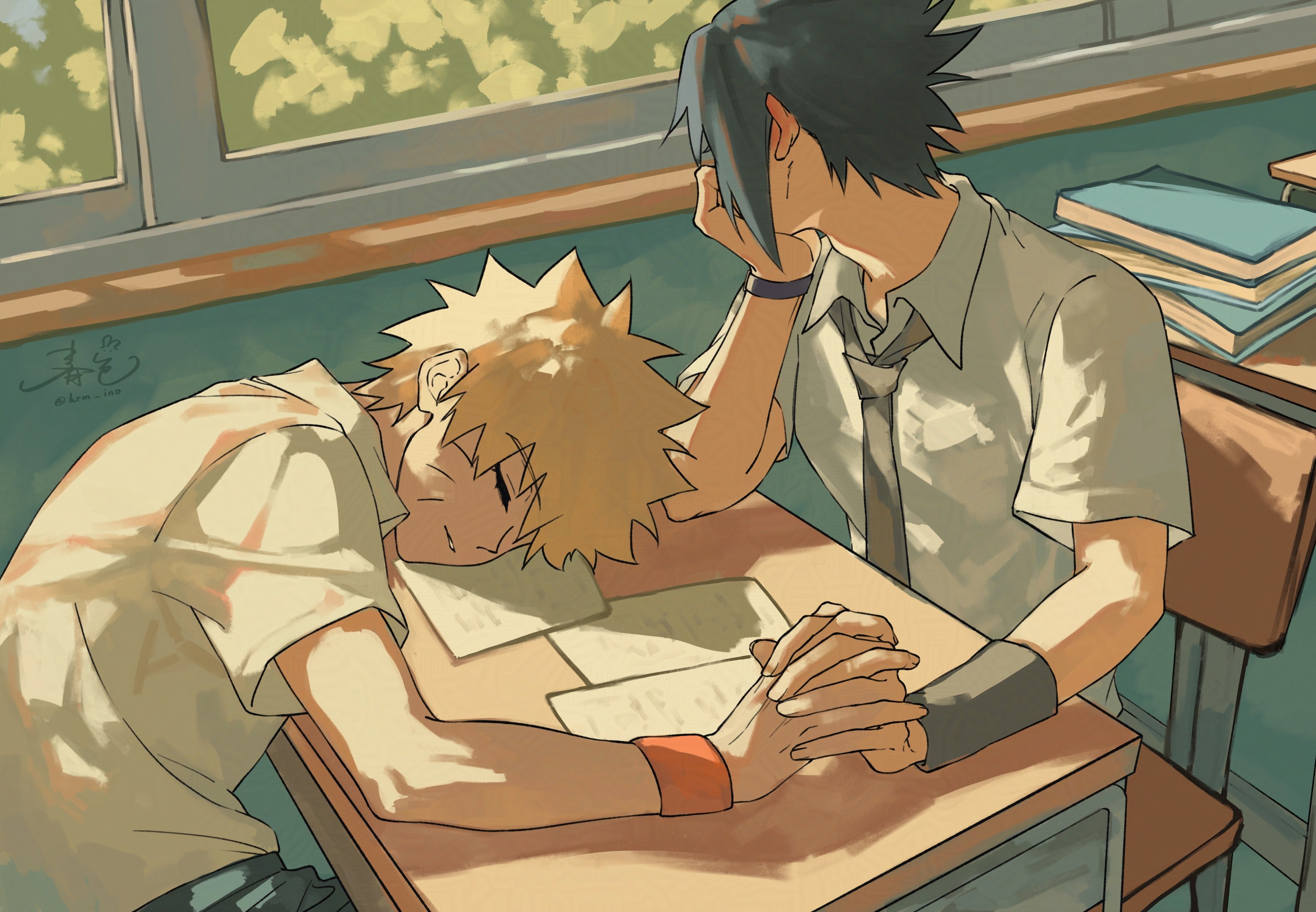 haruiro (hrm ino), uchiha sasuke, uzumaki naruto, naruto (series), absurdres, hashtag-only commentary, highres, 2boys, black hair, black necktie, black pants, blonde hair, blush, book, classroom, closed eyes, collared shirt, desk, ear blush, facial mark, head on hand, holding hands, interlocked fingers, male focus, multiple boys, necktie, pants, parted lips, school, school desk, school uniform, shirt, short hair, signature, sitting, spiked hair, twitter username, upper body, whisker markings, white shirt, window, yaoi