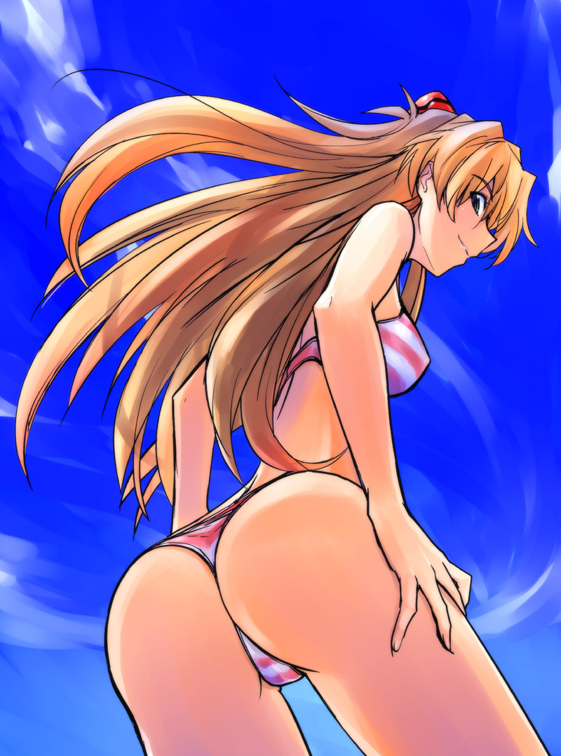umiushi, souryuu asuka langley, neon genesis evangelion, 1girl, ass, bikini, blue eyes, brown hair, day, female focus, legs, long hair, looking back, panties, solo, striped bikini, striped clothes, swimsuit, thong, thong bikini, underwear