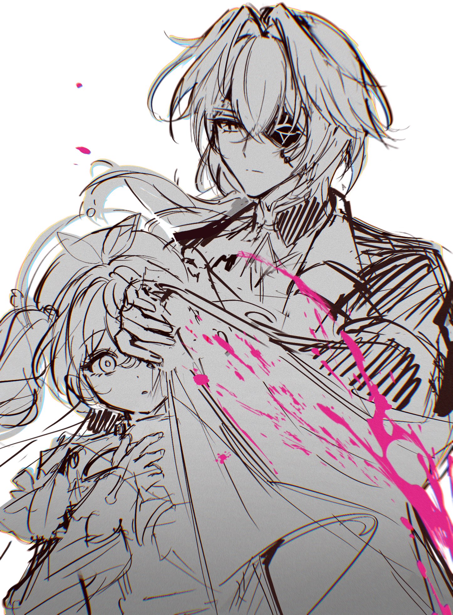 suamk2, anaxa (honkai: star rail), hyacine (honkai: star rail), honkai: star rail, honkai (series), hashtag-only commentary, highres, 1boy, 1girl, blood, blood on clothes, blood splatter, brooch, cape, cape lift, closed mouth, crossed bangs, drill hair, expressionless, eyepatch, greyscale, hair between eyes, hair intakes, hat, height difference, jacket, jewelry, lapels, long hair, long sleeves, low ponytail, medium hair, monochrome, notched lapels, one eye covered, parted lips, pink blood, ponytail, puffy long sleeves, puffy sleeves, shielding, shirt, sideways glance, simple background, spot color, surprised, twin drills, upper body, white background