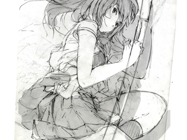 uki atsuya, greyscale, kneehighs, long hair, monochrome, sketch, skirt, smile, socks, solo