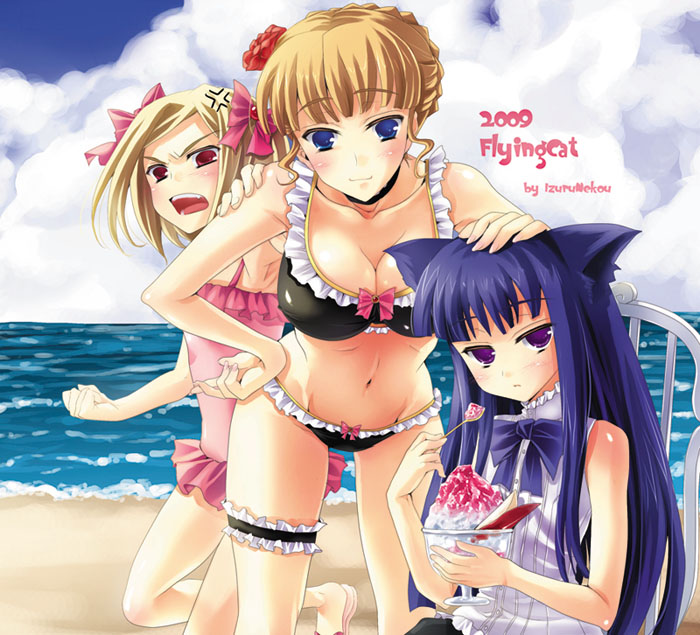 nekou izuru, beatrice (umineko), frederica bernkastel, lambdadelta, umineko no naku koro ni, bad id, bad pixiv id, 00s, 2009, 3girls, anger vein, angry, animal ears, artist name, beach, bikini, blue eyes, blue hair, blunt bangs, blush, breasts, cat ears, cleavage, cloud, collarbone, dated, day, eating, flower, food, frilled bikini, frilled thigh strap, frills, headpat, large breasts, long hair, looking at viewer, medium breasts, multiple girls, ocean, one-piece swimsuit, open mouth, outdoors, rose, serious, shaved ice, sky, smile, swimsuit, teeth, thigh strap