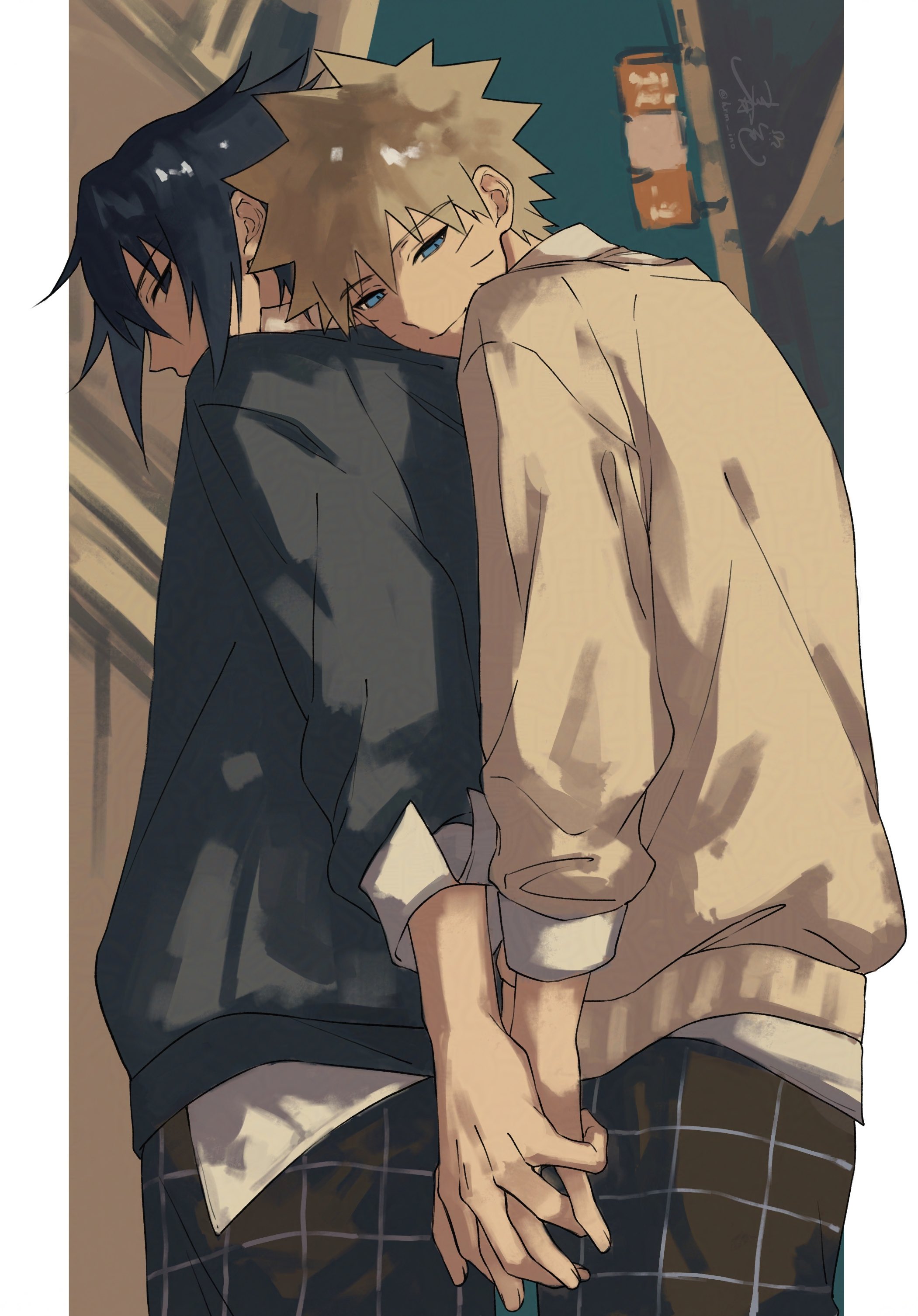 haruiro (hrm ino), uchiha sasuke, uzumaki naruto, naruto (series), absurdres, hashtag-only commentary, highres, 2boys, black hair, black sweater, blonde hair, blue eyes, border, collared shirt, cowboy shot, facial mark, grey sweater, hair between eyes, holding hands, interlocked fingers, male focus, multiple boys, pants, pillarboxed, plaid clothes, plaid pants, shirt, shirt under sweater, short hair, sweater, whisker markings, white border, yaoi