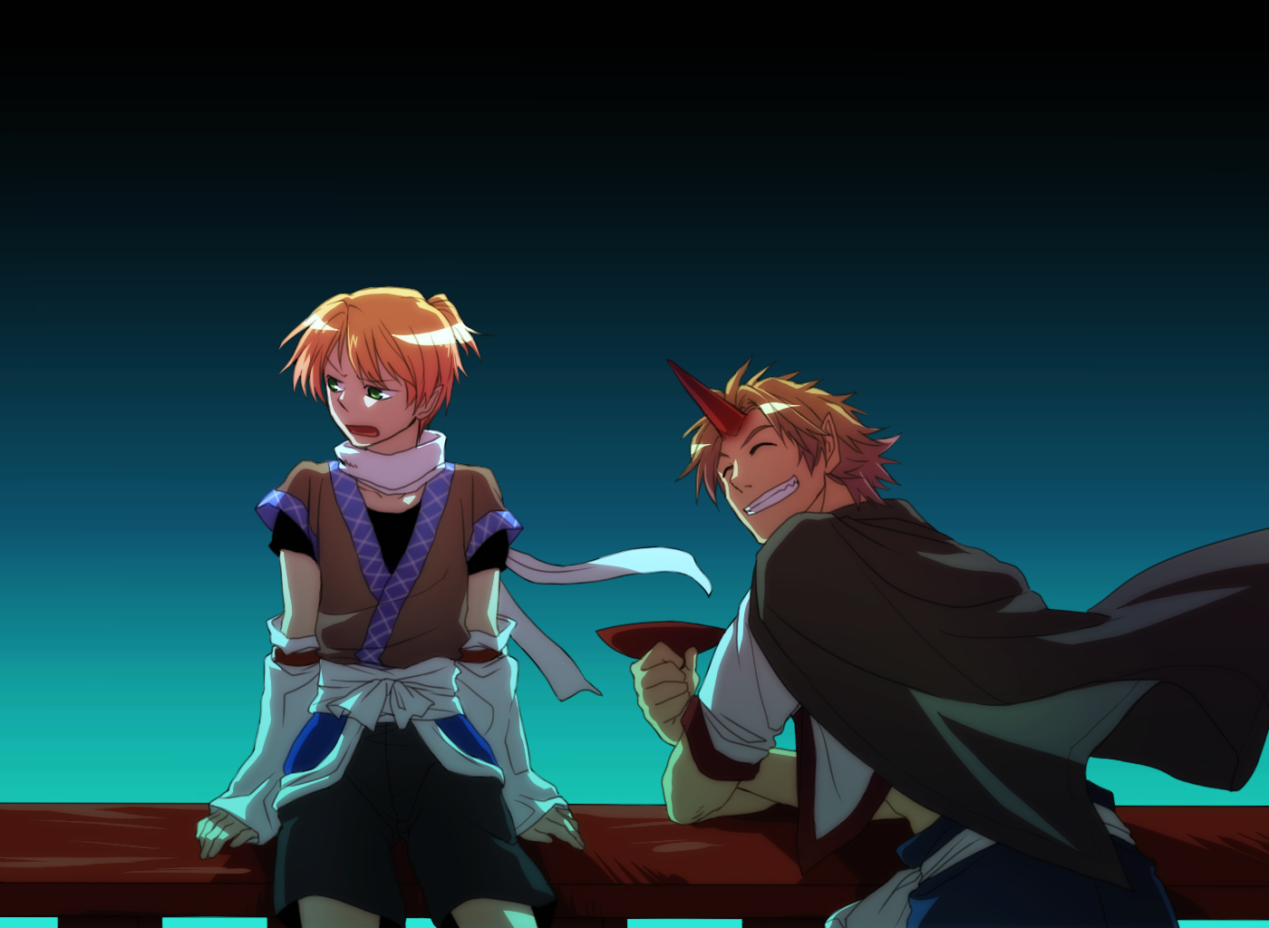 re ghotion, hoshiguma yuugi, mizuhashi parsee, touhou, bad id, bad pixiv id, 2boys, arm warmers, blonde hair, cape, closed eyes, genderswap, genderswap (ftm), green eyes, grin, horns, male focus, multiple boys, pointy ears, scarf, short hair, single horn, smile