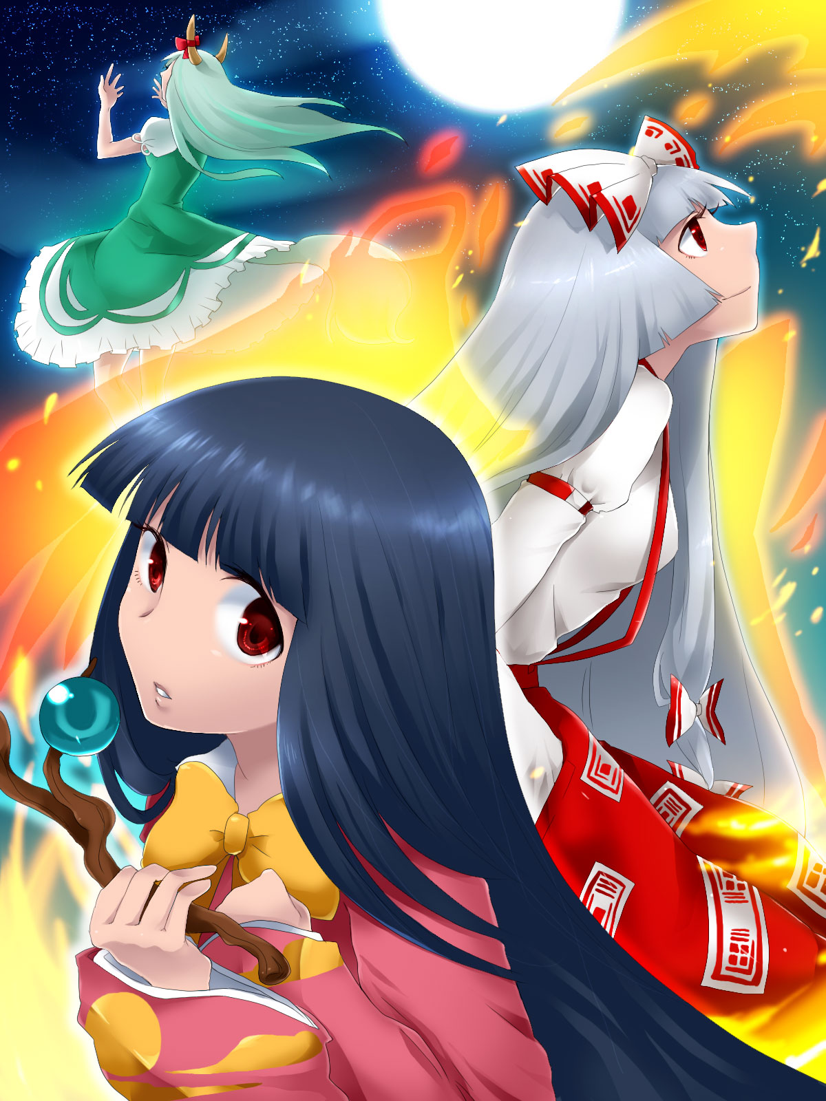 hattori masaki, ex-keine, fujiwara no mokou, houraisan kaguya, kamishirasawa keine, touhou, silver hair, bad id, bad pixiv id, highres, 3girls, black hair, blunt bangs, bow, bowtie, branch, dress, female focus, fiery wings, fire, full moon, green hair, hair ribbon, hands in pockets, hime cut, horns, japanese clothes, jeweled branch of hourai, long hair, moon, multiple girls, night, night sky, pants, red eyes, ribbon, sky, suspenders, wings