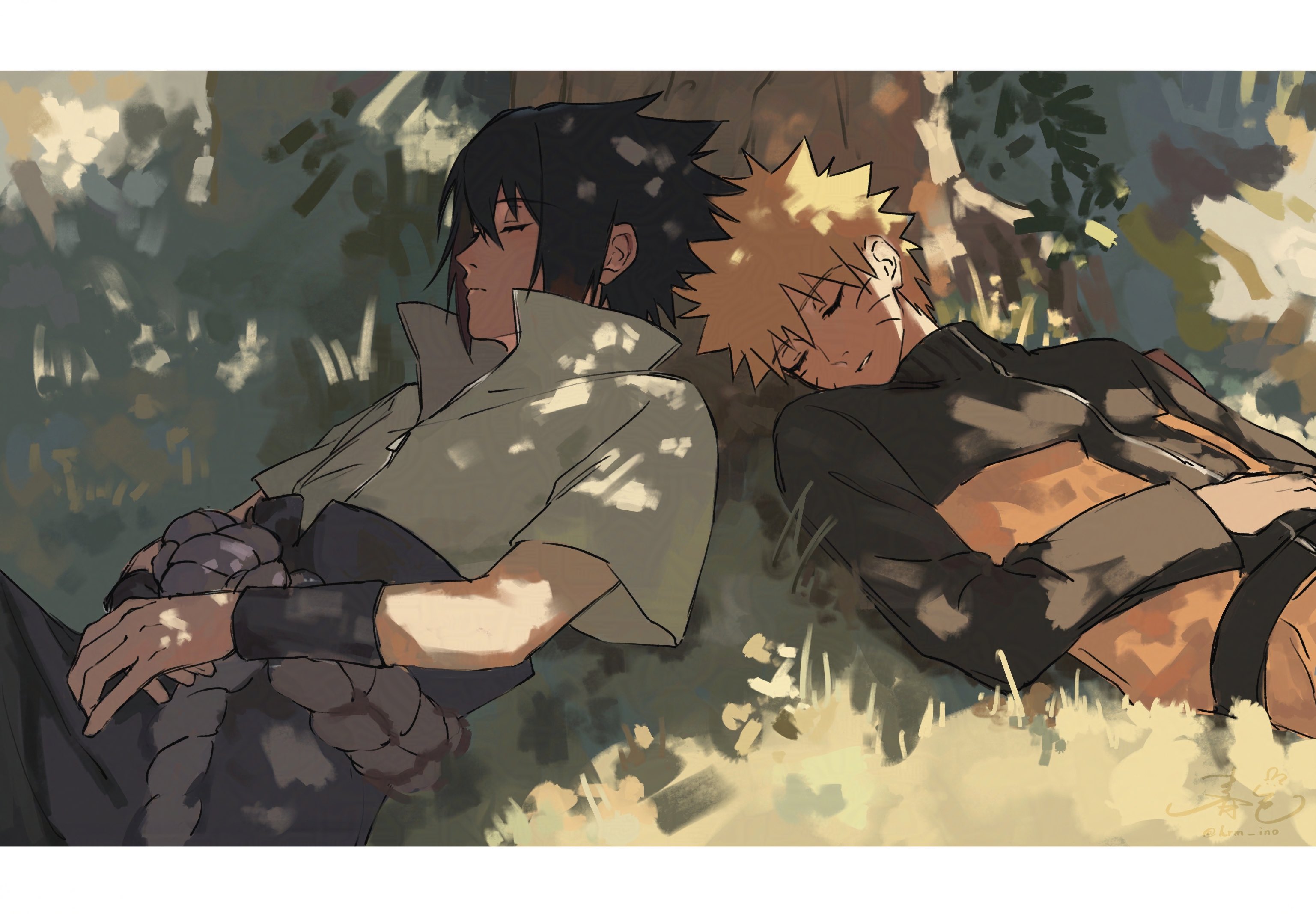 haruiro (hrm ino), uchiha sasuke, uzumaki naruto, naruto (series), naruto shippuuden, hashtag-only commentary, highres, 2boys, black hair, black sleeves, blonde hair, border, closed eyes, closed mouth, facial mark, hair between eyes, jacket, letterboxed, light smile, male focus, multicolored jacket, multiple boys, orange jacket, orange pants, pants, parted lips, popped collar, rope belt, shirt, short hair, sleeping, spiked hair, tree, two-tone jacket, under tree, upper body, whisker markings, white border, white shirt, yaoi