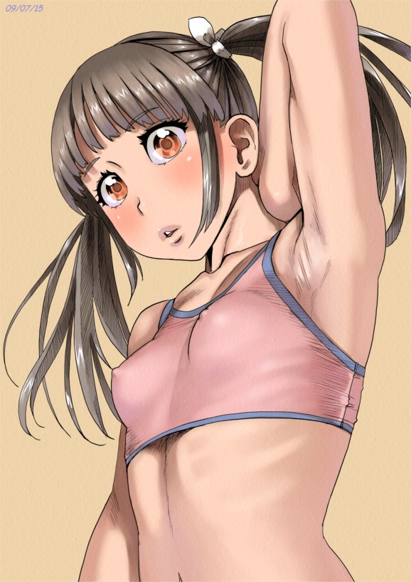 zenkou, chitose (zenkou), original, 1girl, arm up, armpits, blush, breasts, brown hair, covered erect nipples, dated, female focus, flat chest, looking at viewer, navel, orange eyes, parted lips, ribs, shiny skin, small breasts, solo, sports bra, twintails, upper body, yellow background